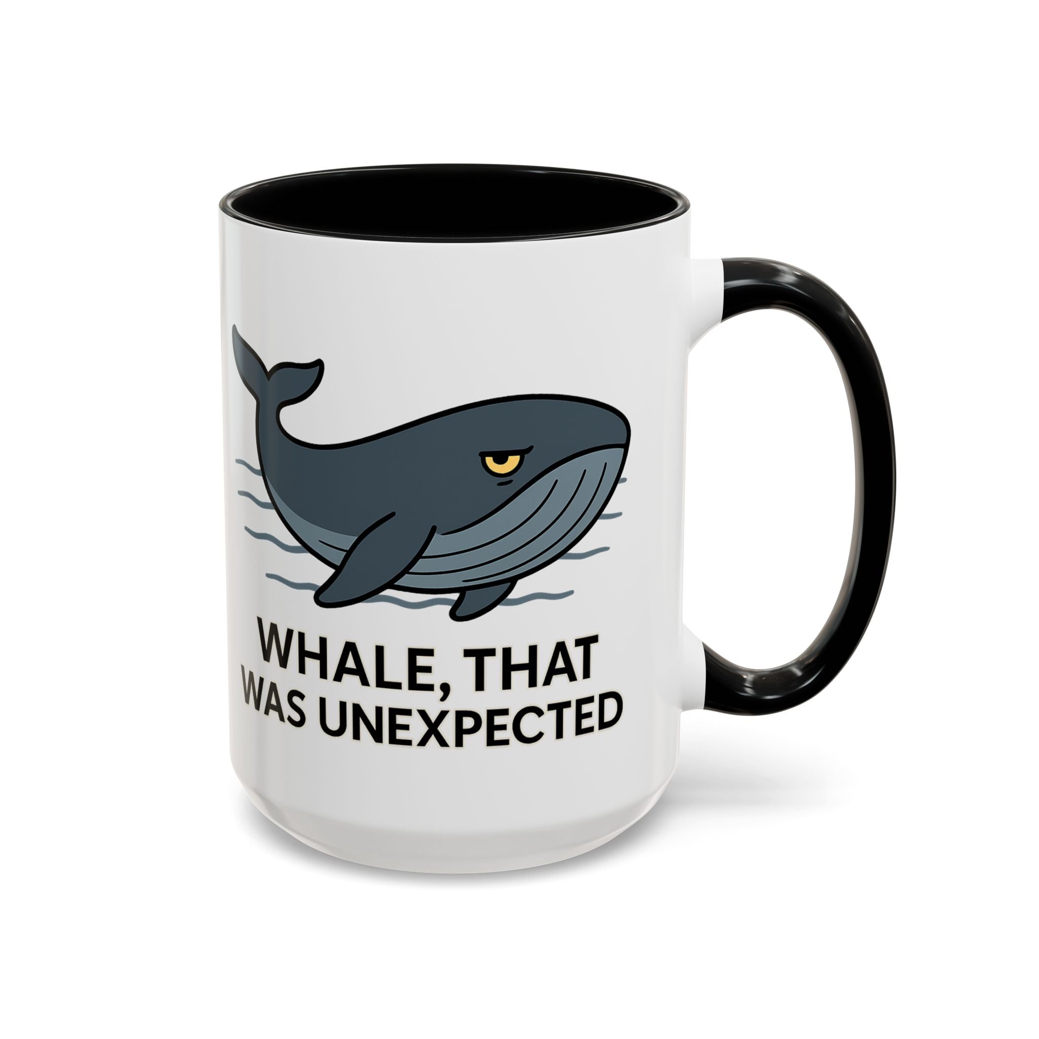 White Mug with black color accent with a blue whale design and text "Whale, that was unexpected" on a white background