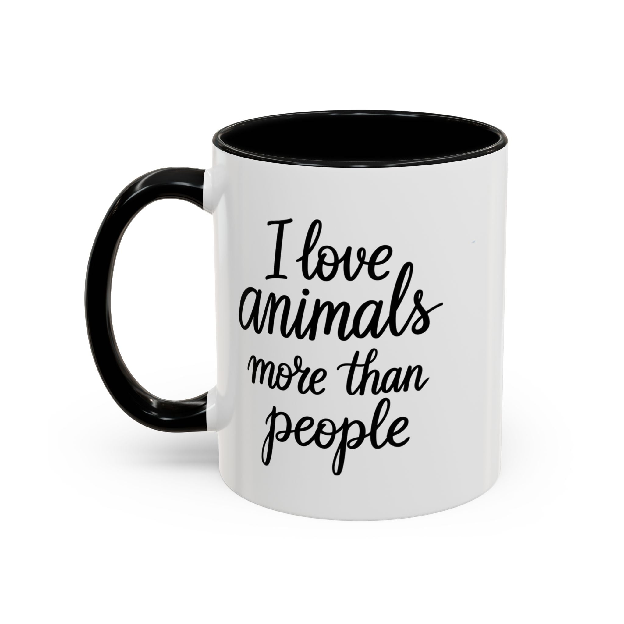 White mug with black interior and handle, featuring the text &#39;I love animals more than people&#39; on one side and &quot;Postpone the myth&quot; on the other side on a white background.