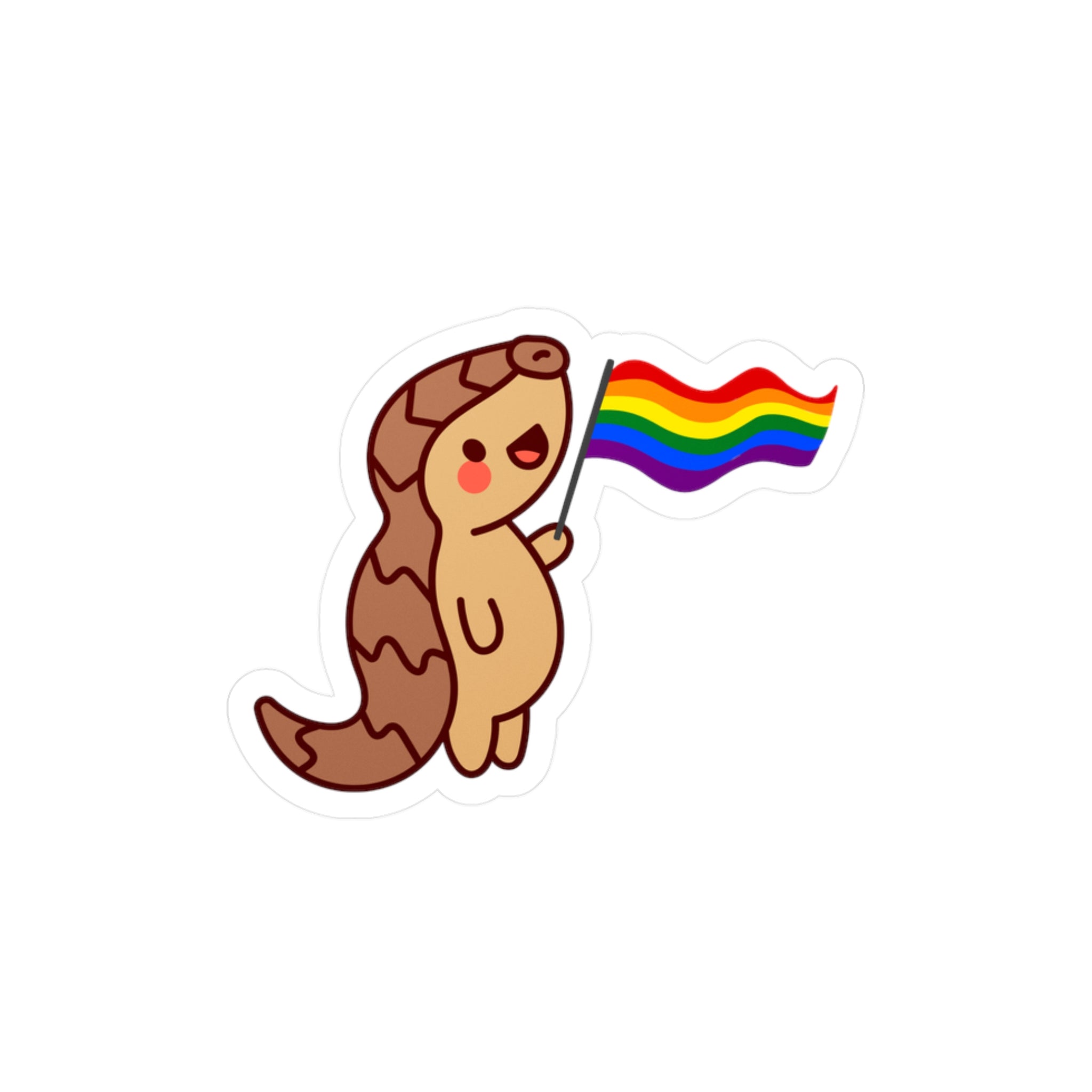 Sticker of a cartoon pangolin holding a rainbow Pride flag by Soon To Be Mythical