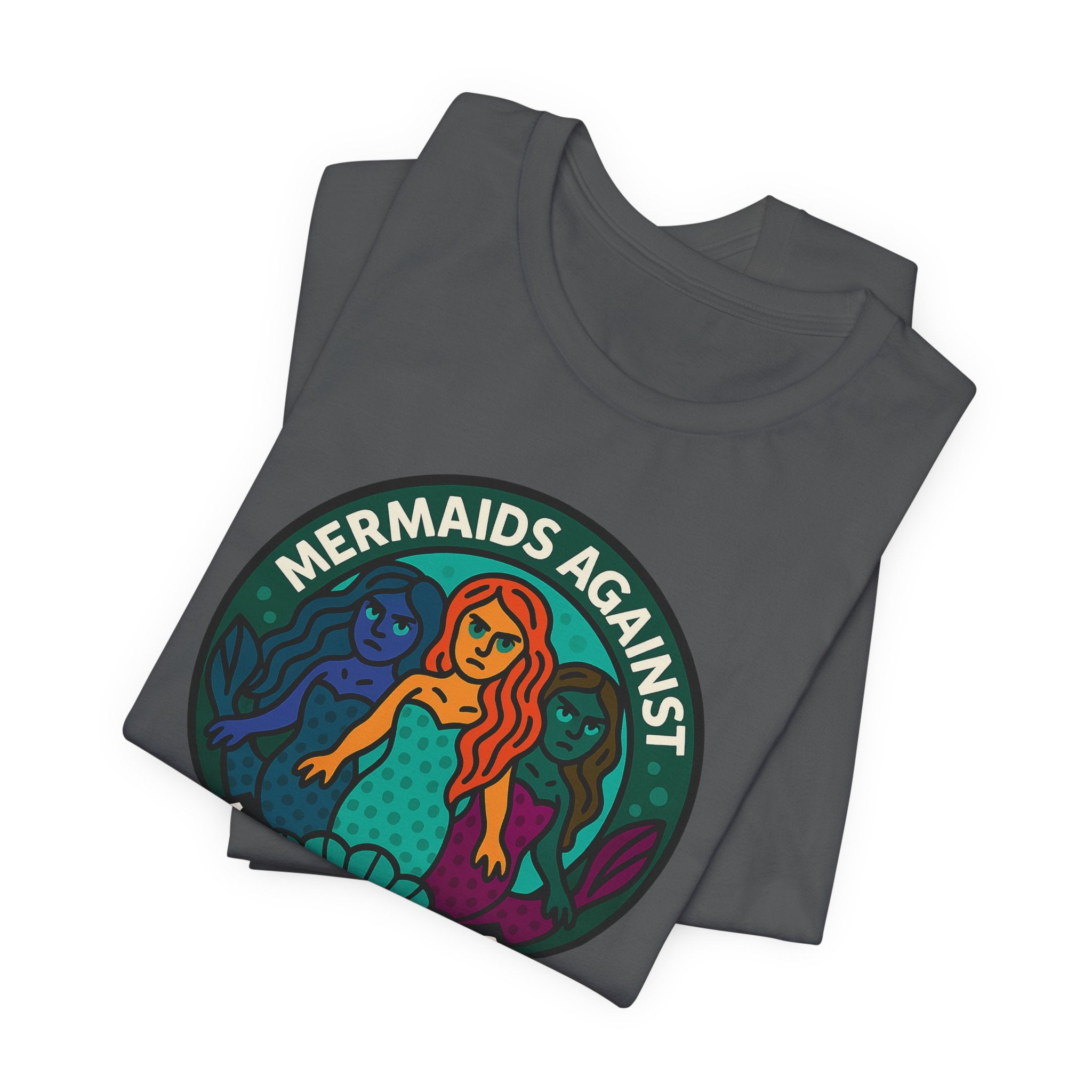 Gray t-shirt with mermaid graphic and text 'Mermaids Against Microplastics' by Soon To Be Mythical