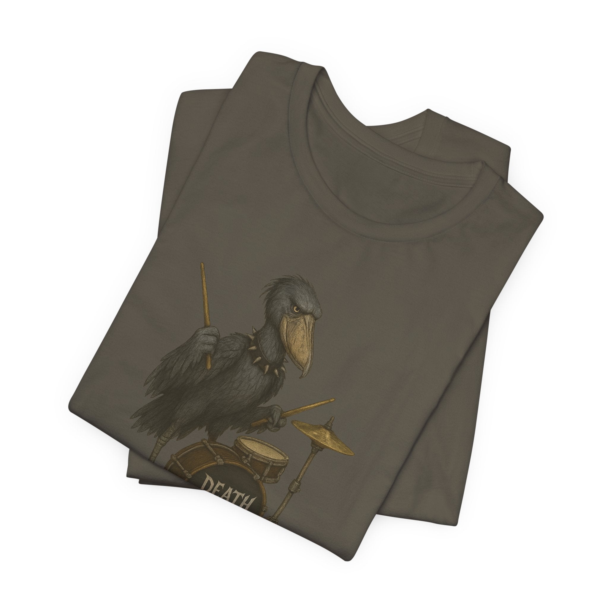 Army green t-shirt with a shoebill stork playing drums graphic and 'Death Metal' text on a white background