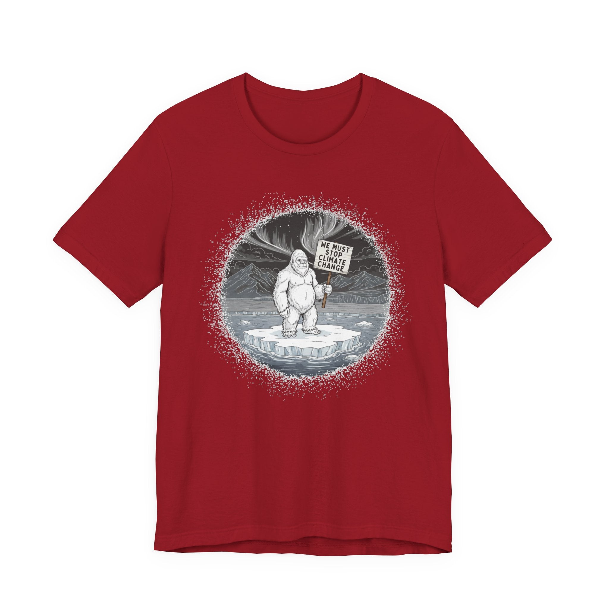 Red t-shirt with a graphic of a Yeti on an ice floe holding a sign with the text "We must stop climate change" by Soon To Be Mythical