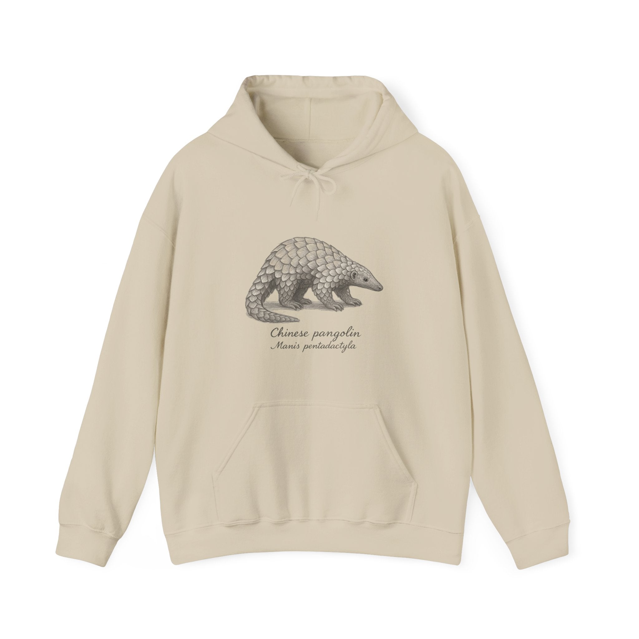 Beige hoodie with a pangolin graphic and scientific name on a white background by Soon To Be Mythical