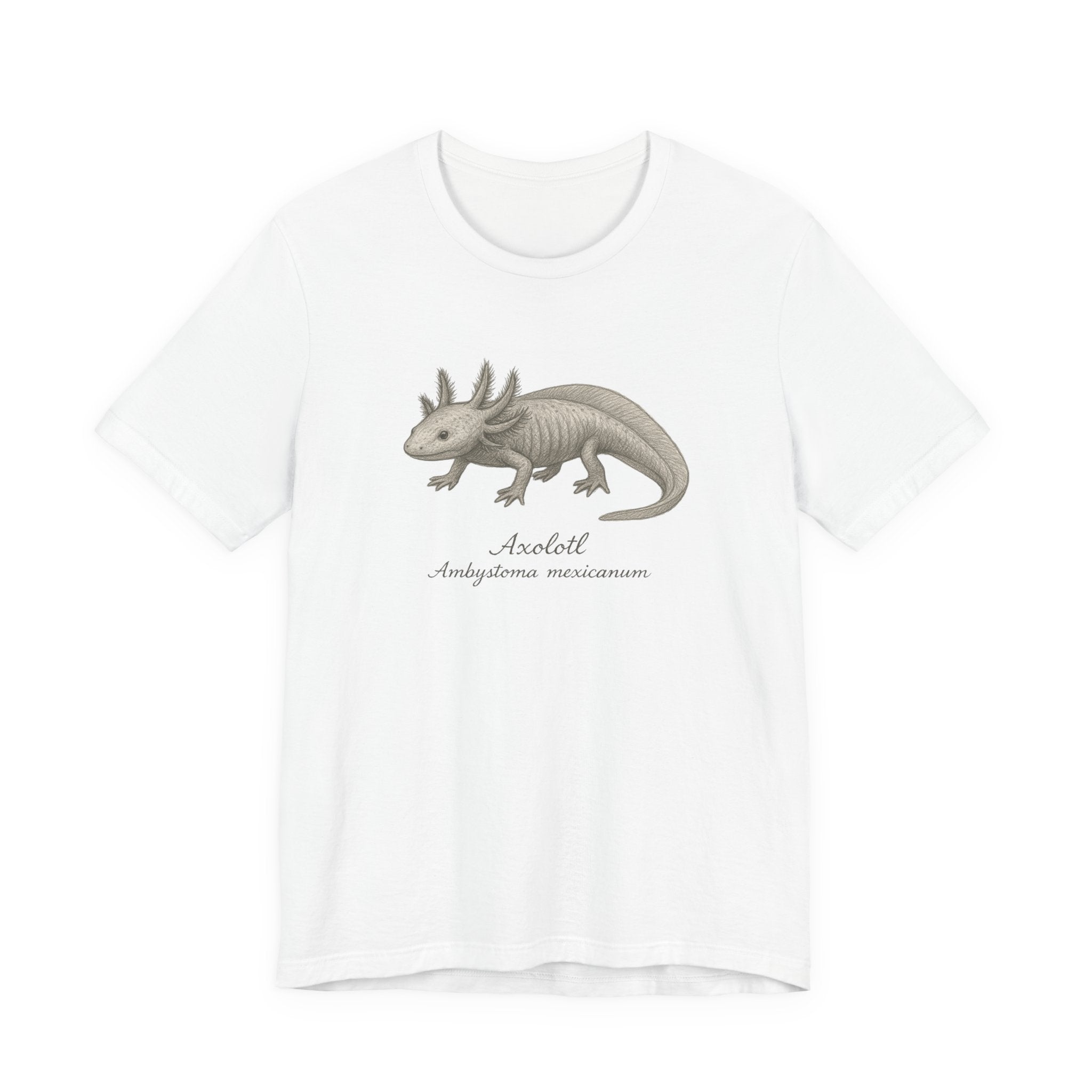 White t-shirt with axolotl graphic and text on a white background