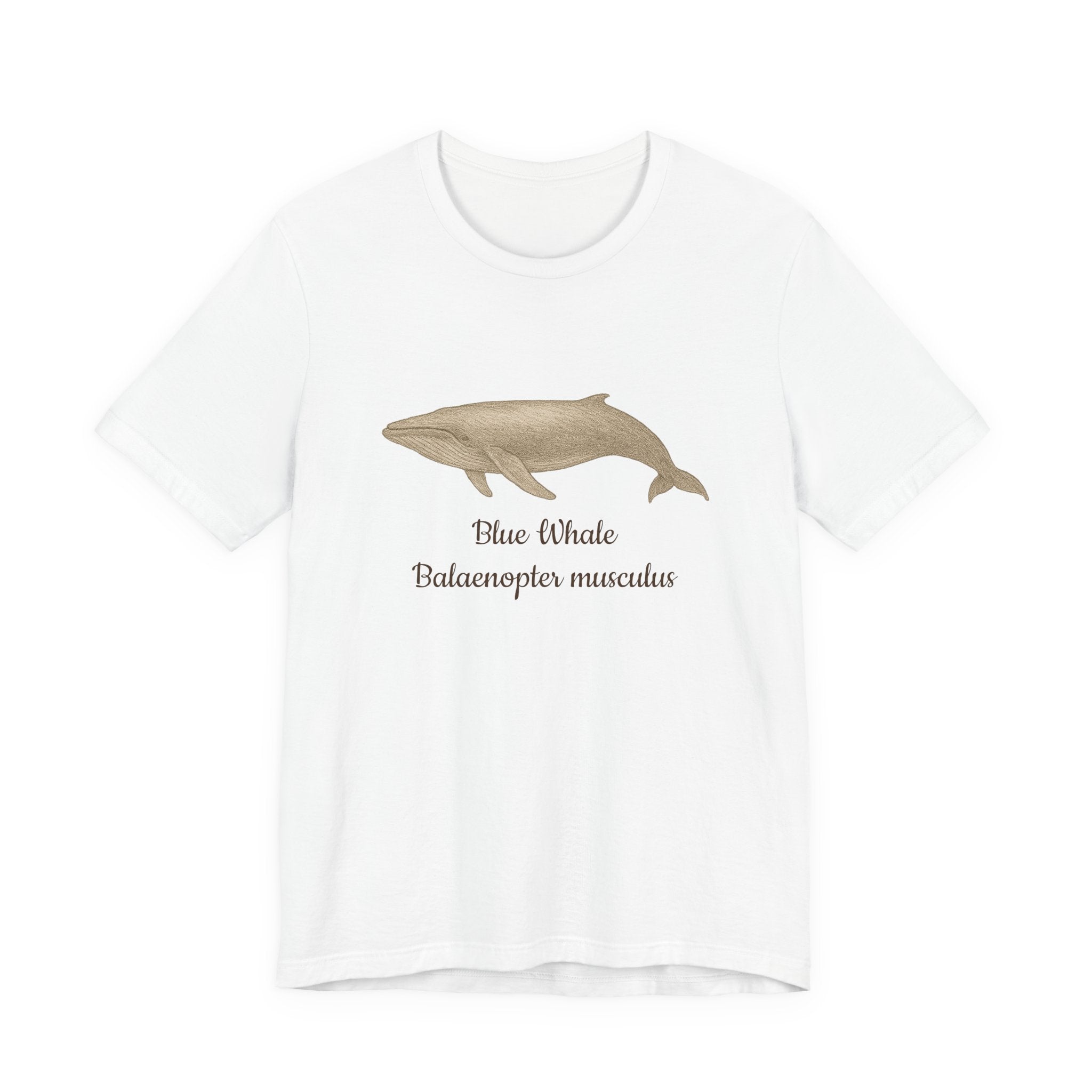 White t-shirt with a blue whale illustration and text on a white background