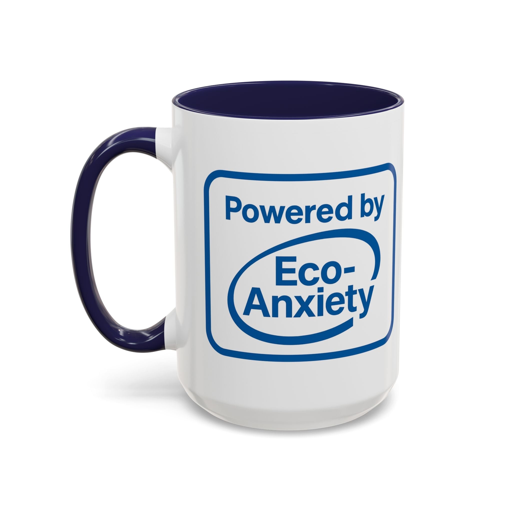 White coffee mug with navy blue accent interior and handle with a graphic that says "Powered by Eco-anxiety"
