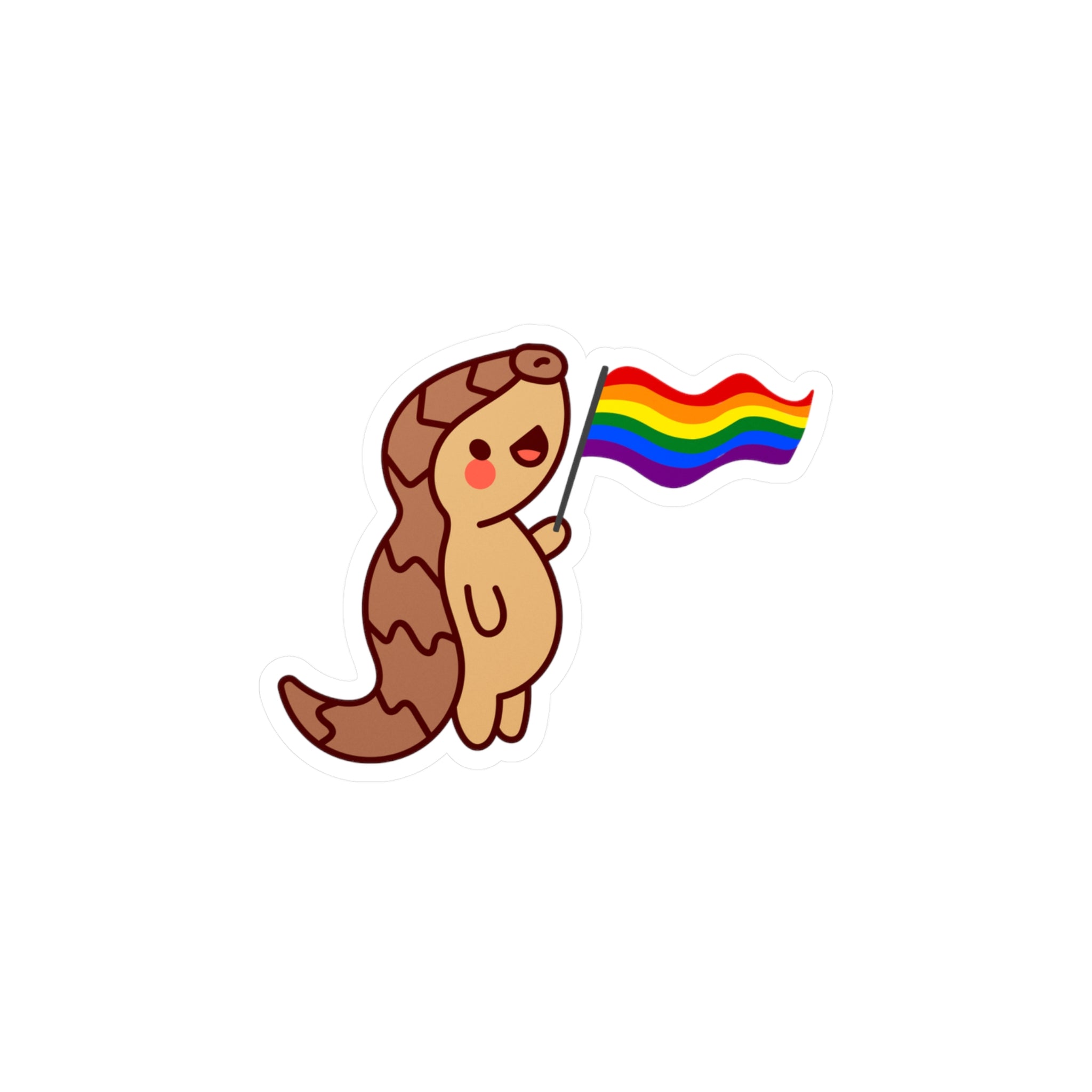 Sticker of a cartoon pangolin holding a rainbow Pride flag by Soon To Be Mythical