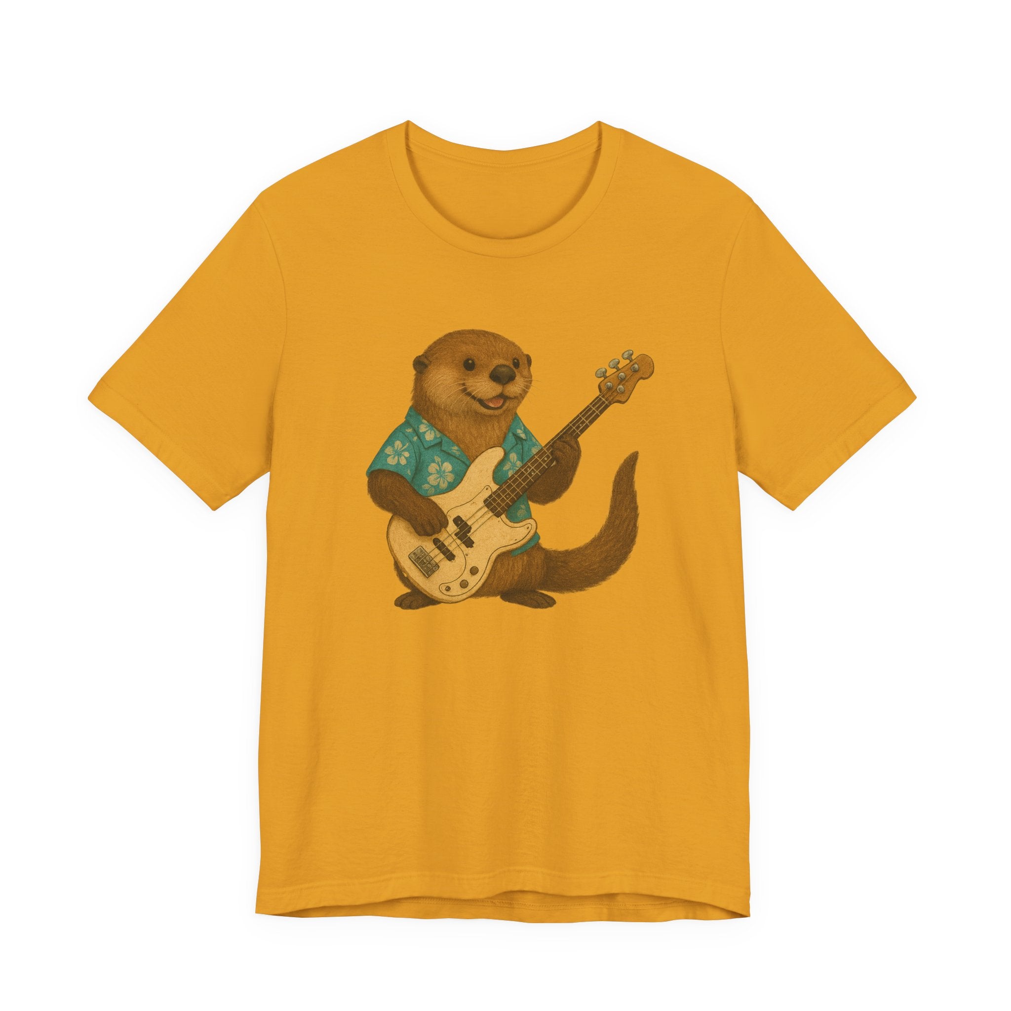 Yellow t-shirt with a sea otter wearing a hawaiian shirt and playing a bass guitar graphic on a white background