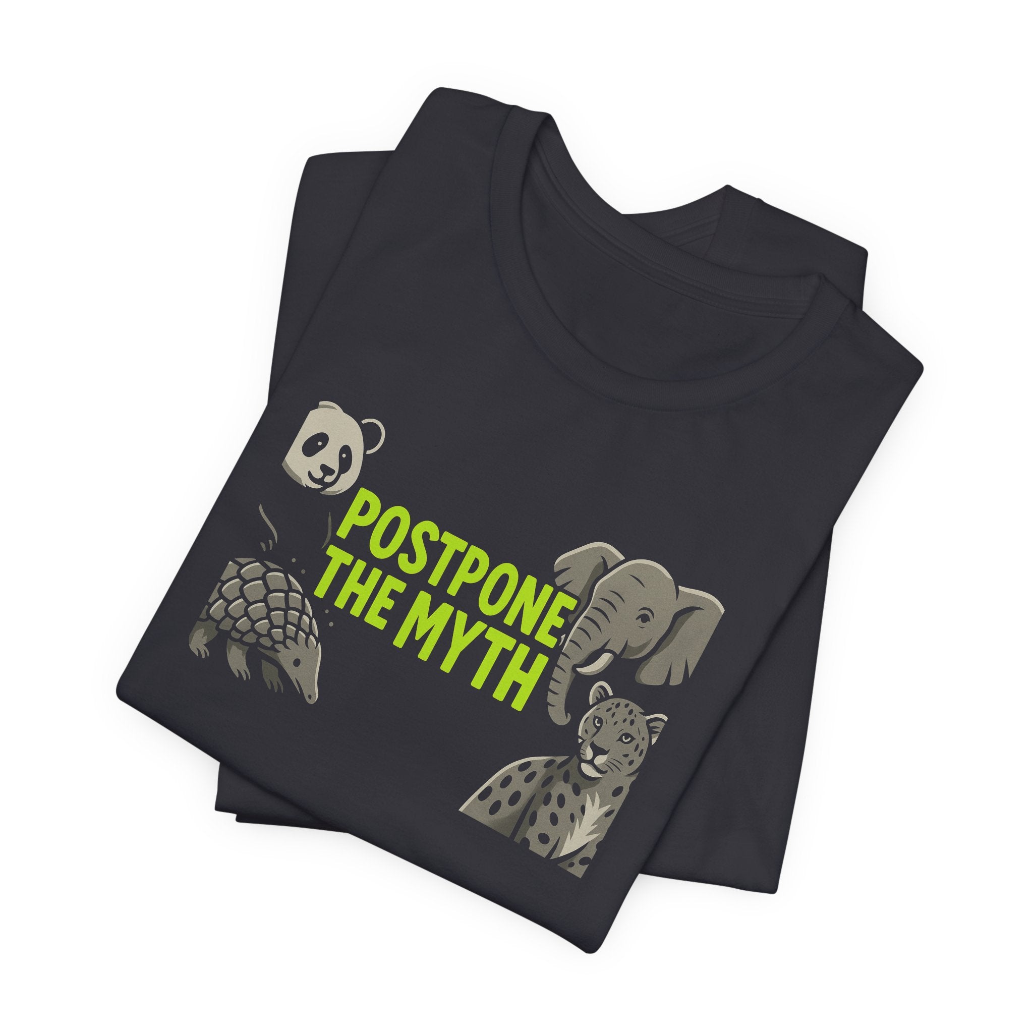 Dark grey t-shirt with endangered animal graphics and 'Postpone the Myth' text on a white background