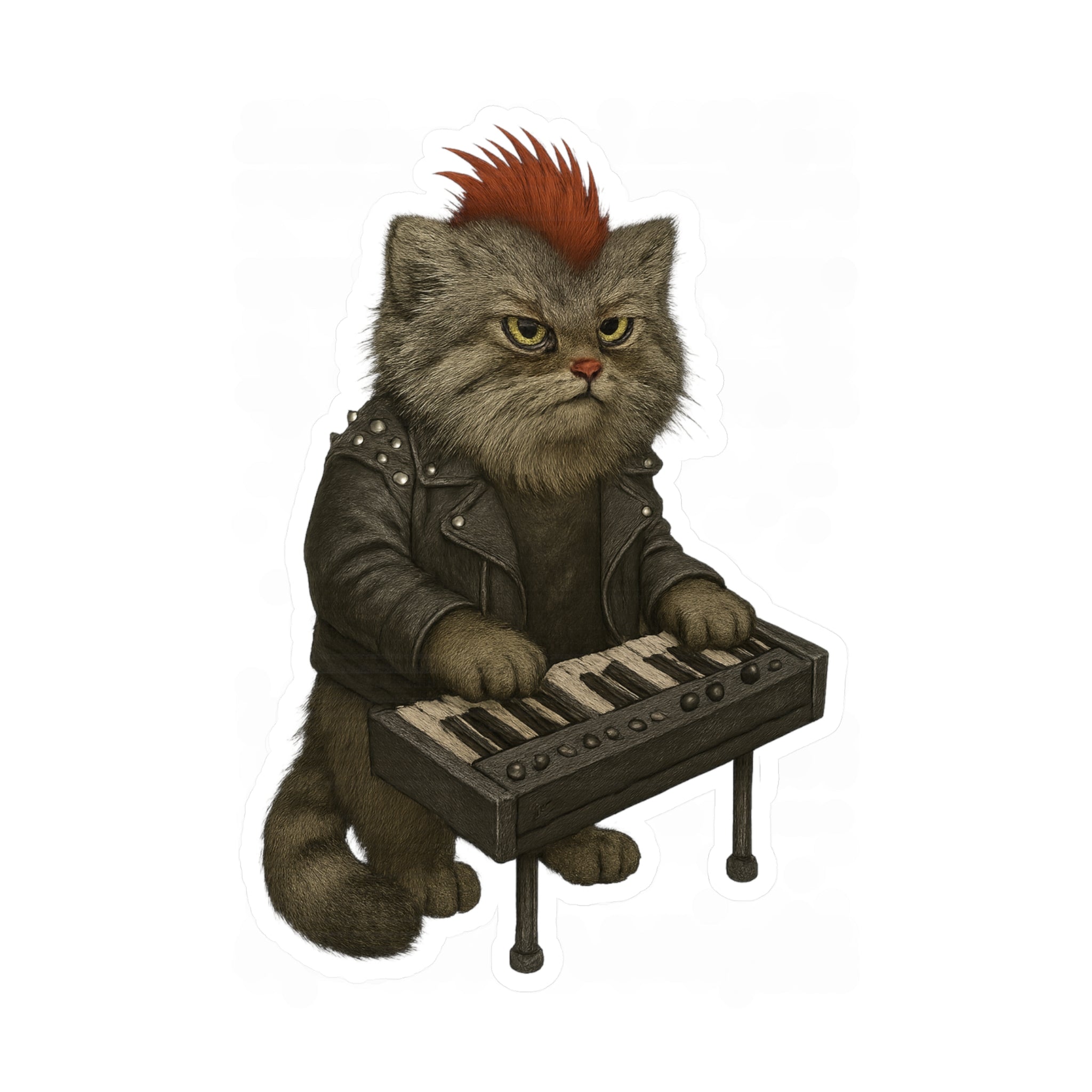 Vinyl sticker graphic of a pallas&#39;s cat playing keyboards on a white background