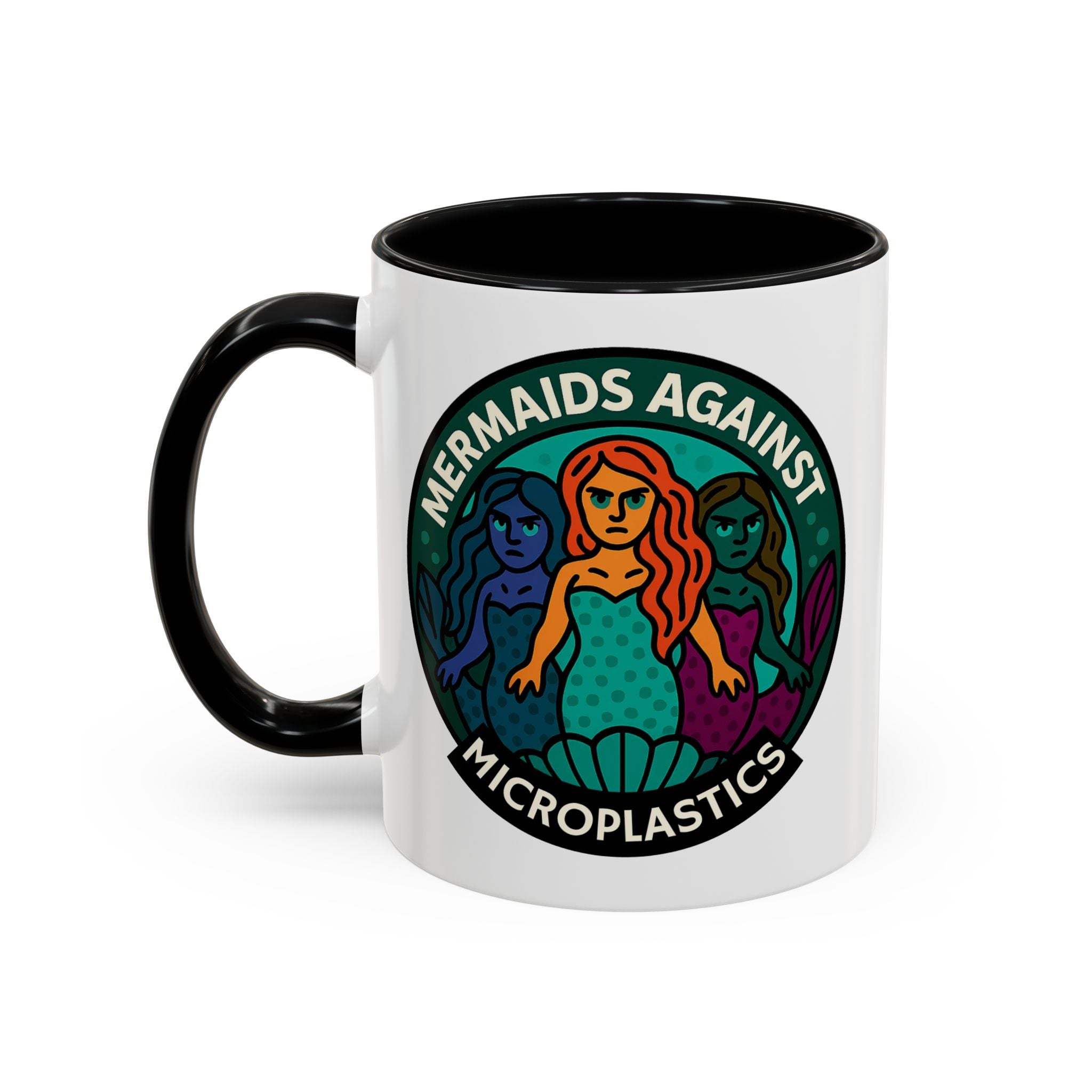 11 ounce mug with mermaid design and 'Mermaids Against Microplastics' text by Soon To Be Mythical