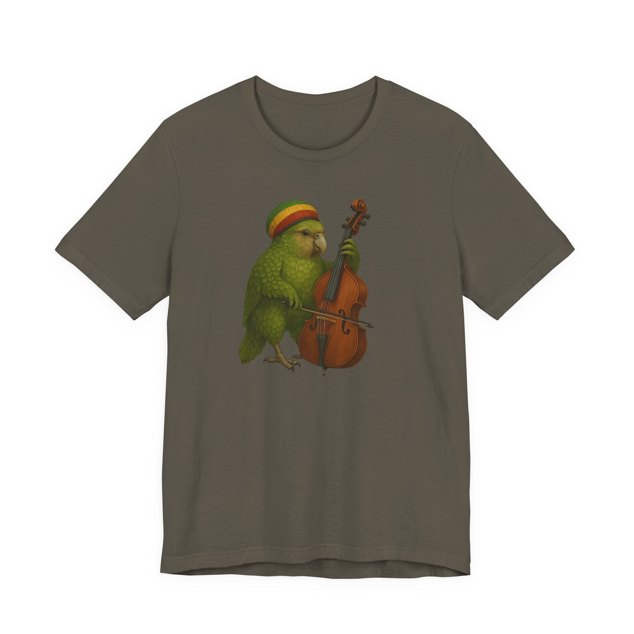 Military green t-shirt with a kakapo in a raggae hat playing an upright bass on a white background