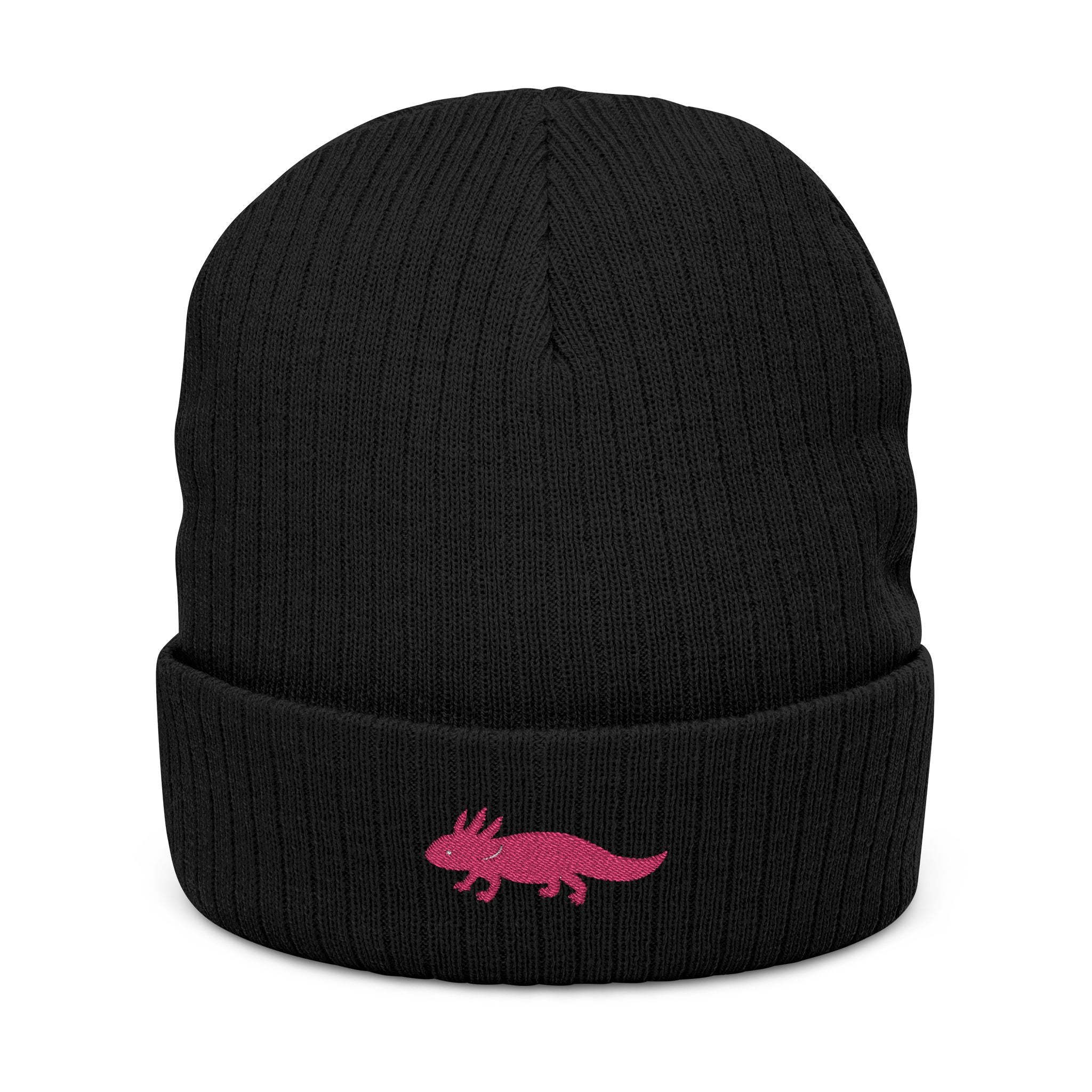 Black beanie with a pink axolotl embroidery by Soon To Be Mythical