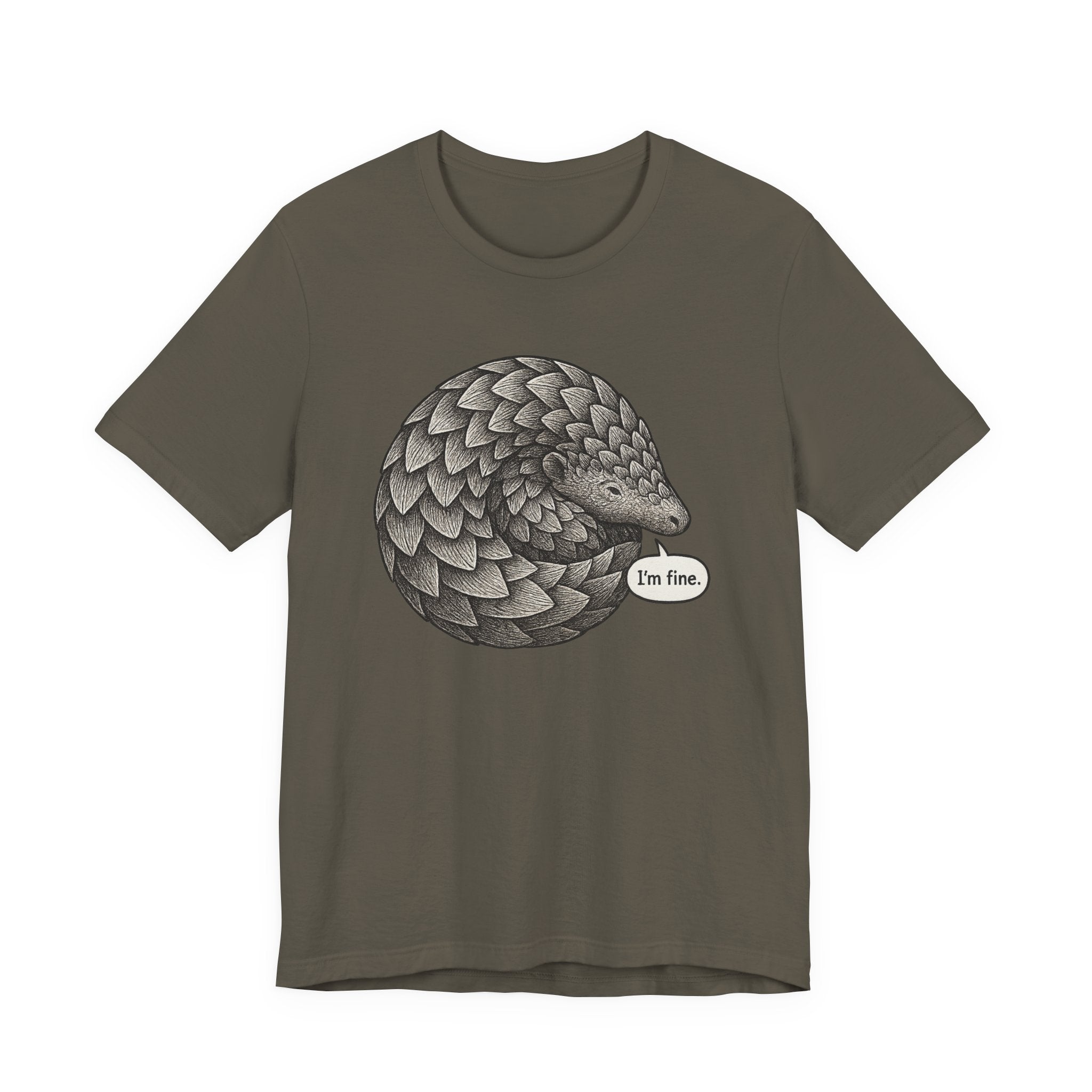 Army t-shirt with pangolin graphic and 'I'm fine' text on a white background