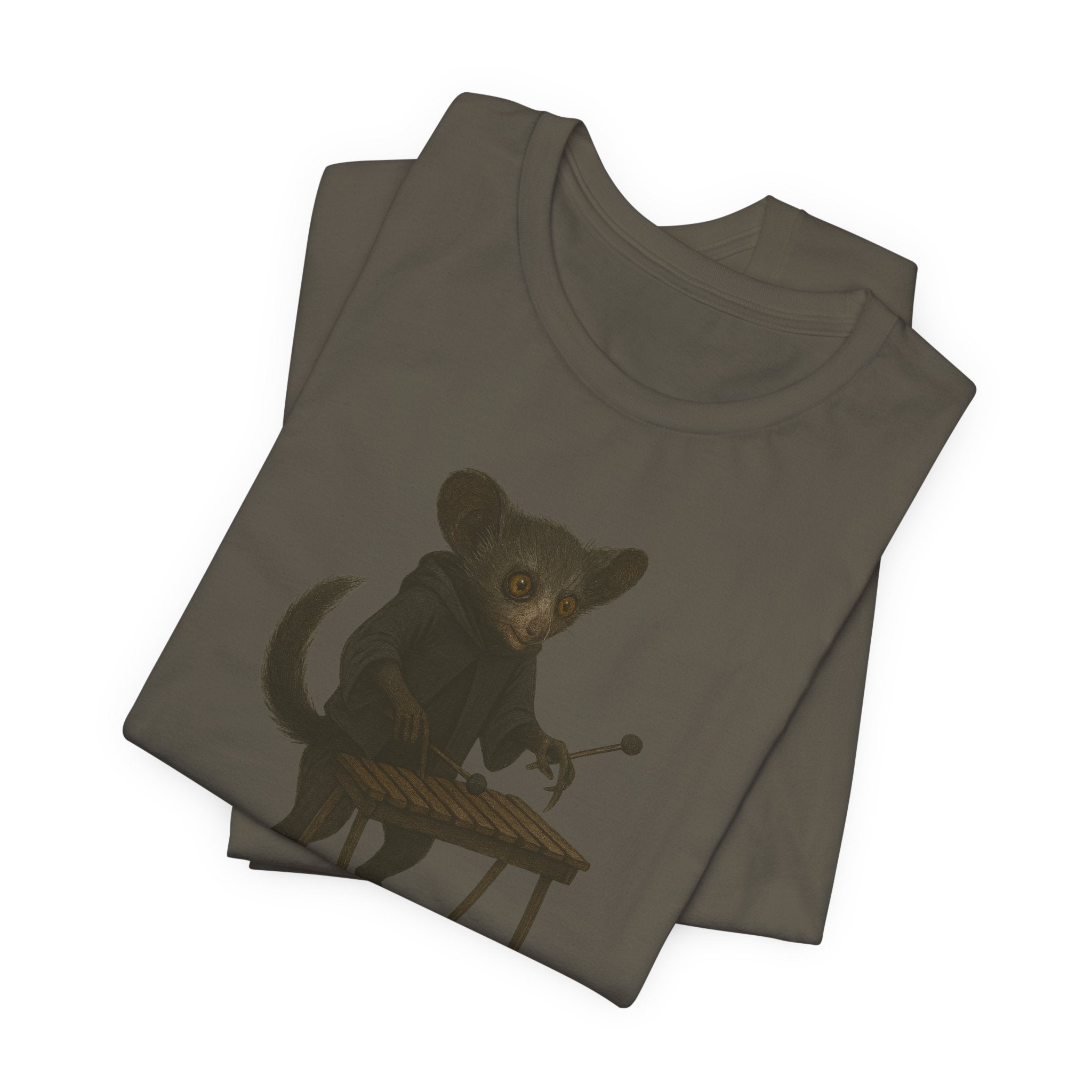 Army t-shirt with a graphic of an aye-aye playing a xylophone on a white background
