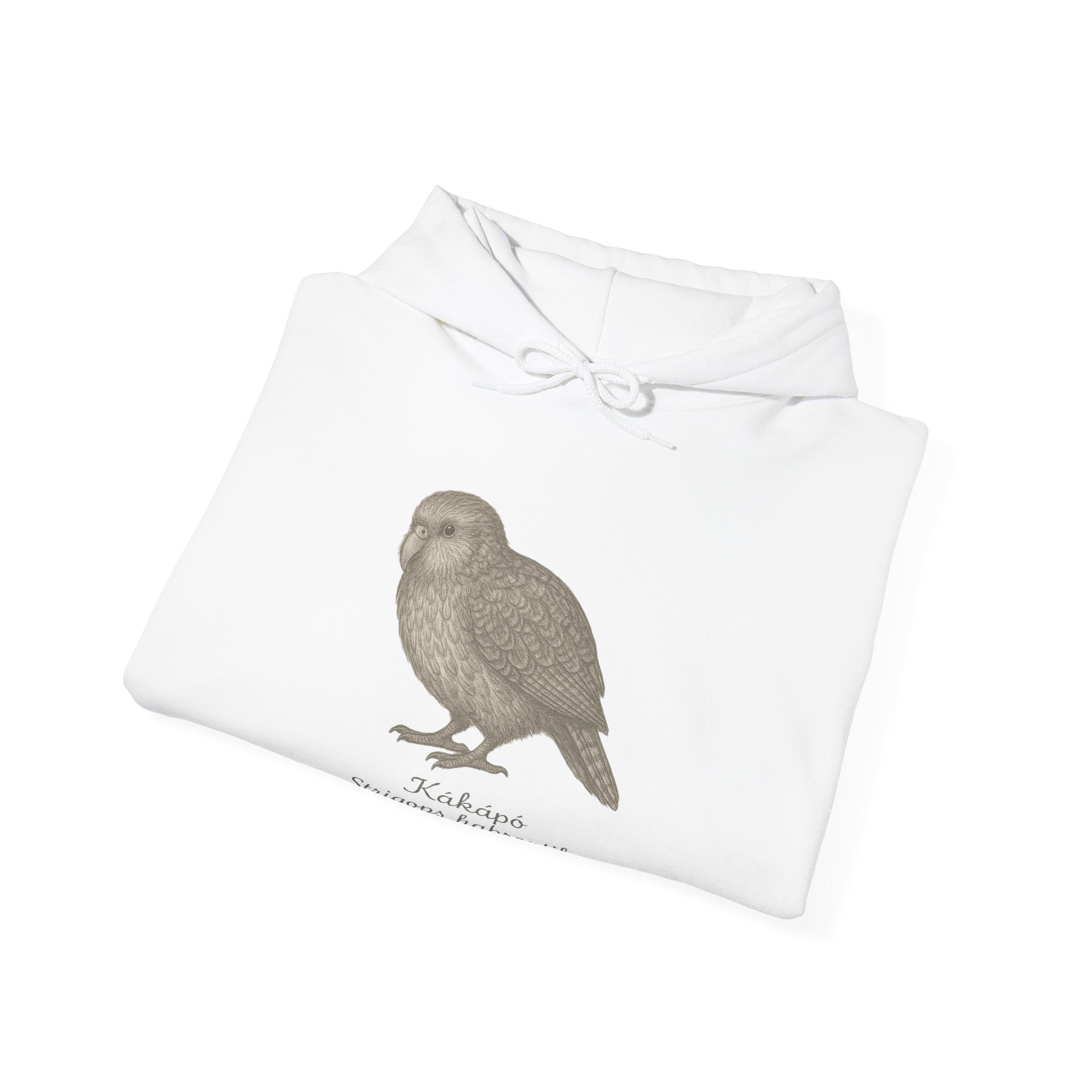 Folded white hoodie with a kakapo graphic and scientific name by Soon To Be Mythical