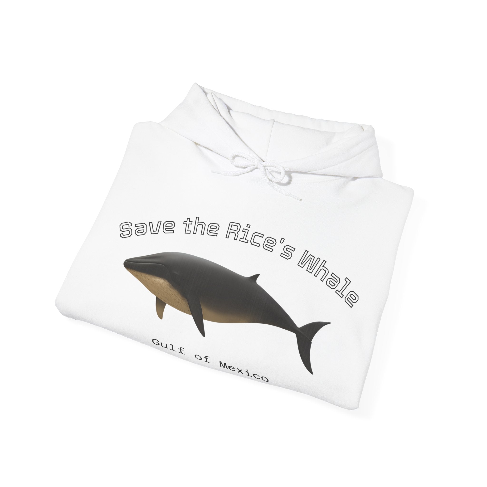 Folded white hoodie with a Rice's whale graphic and text "Save the Rice's Whale: Gulf of Mexico" by Soon To Be Mythical