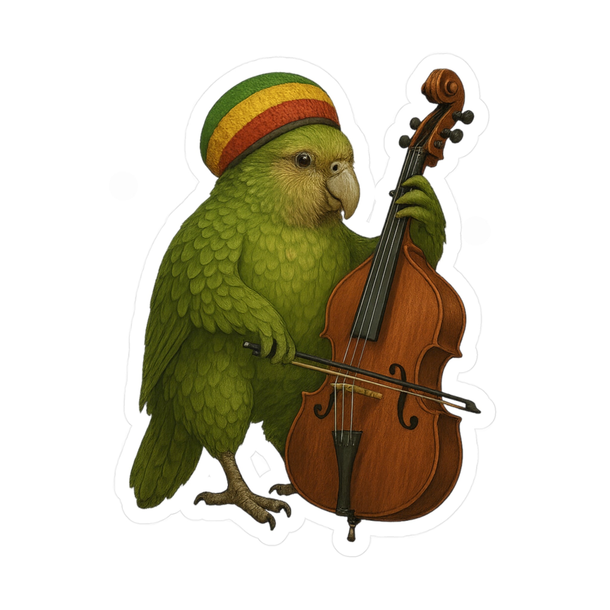 Vinyl sticker illustration of a kakapo parrot wearing a Rastafarian hat playing an upright bass on a white background