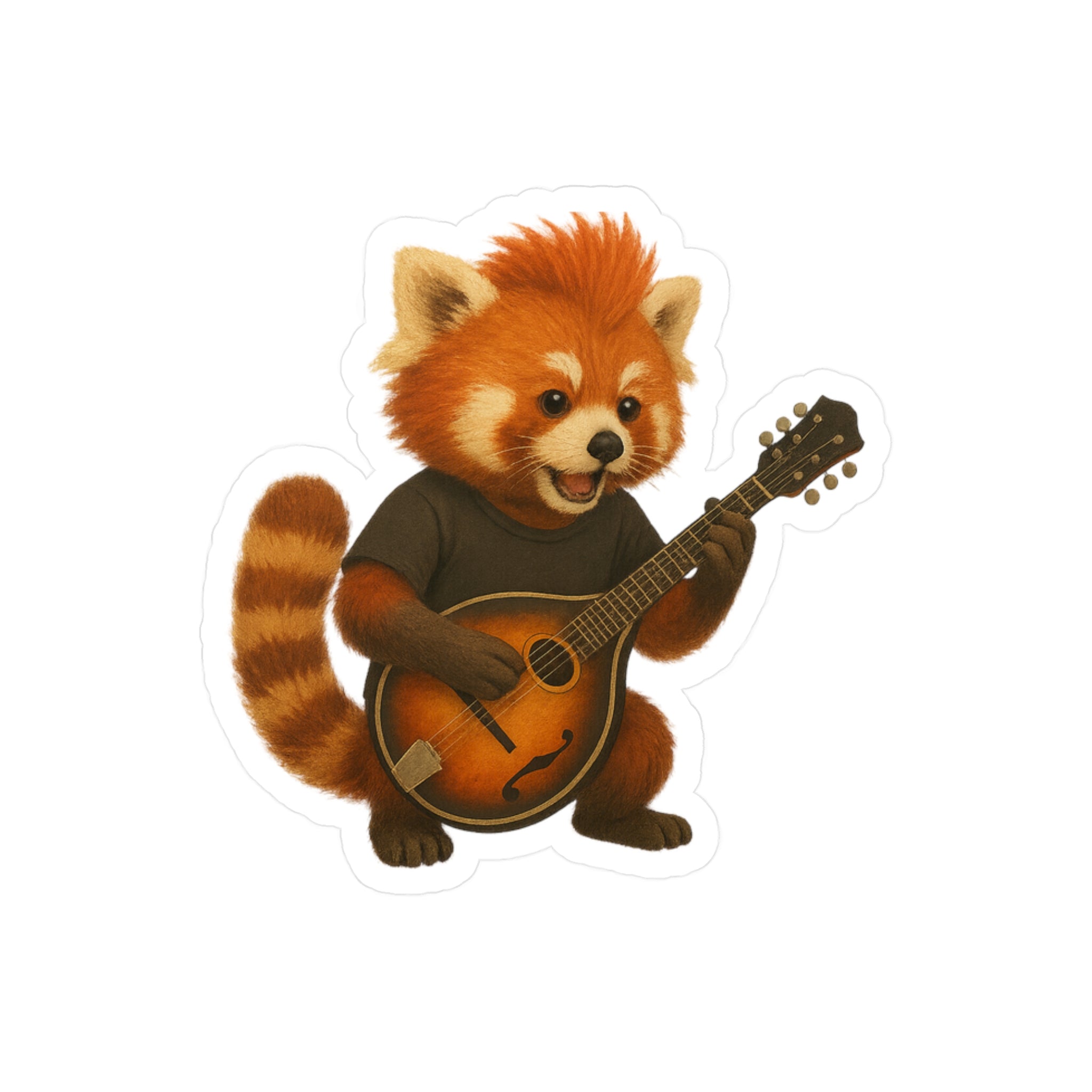 Vinyl sticker of an illustration of a red panda playing a mandolin on a white background