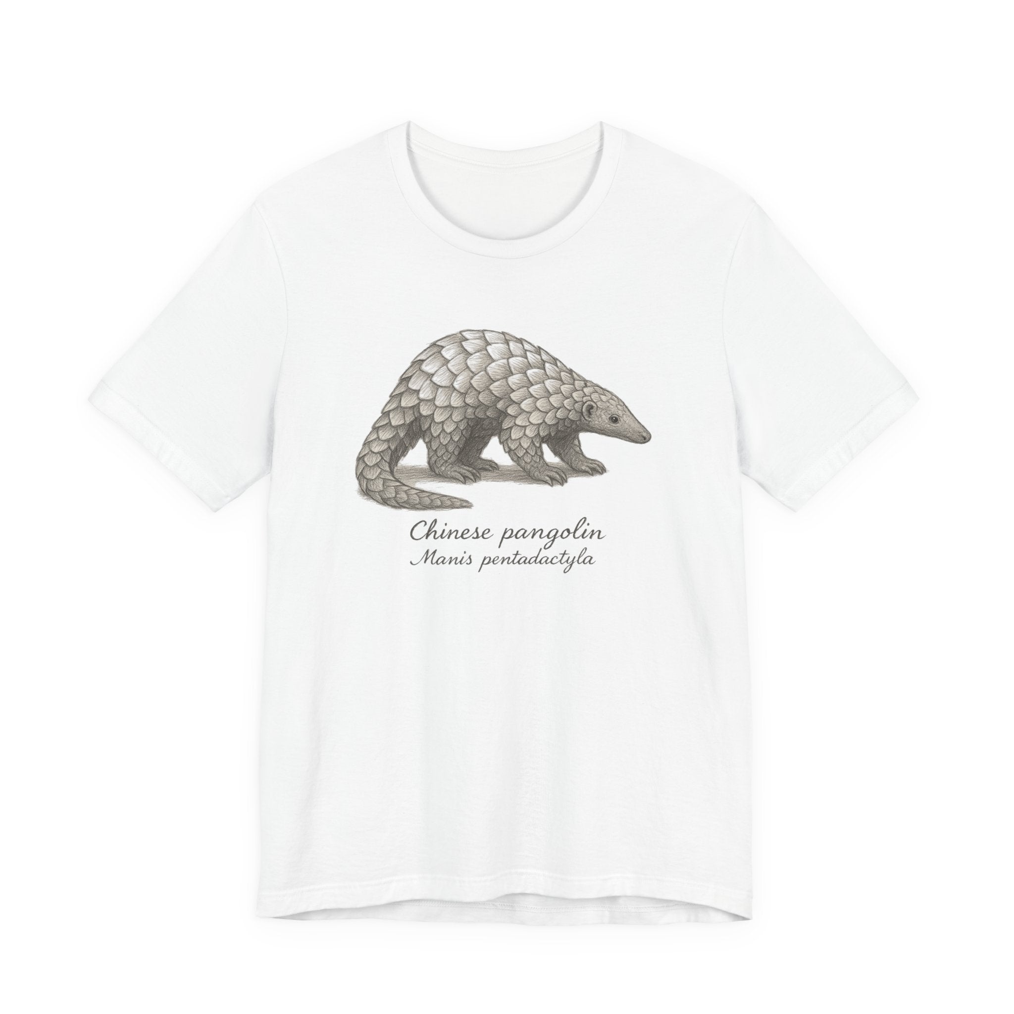 White t-shirt with a Chinese pangolin graphic and text on a white background