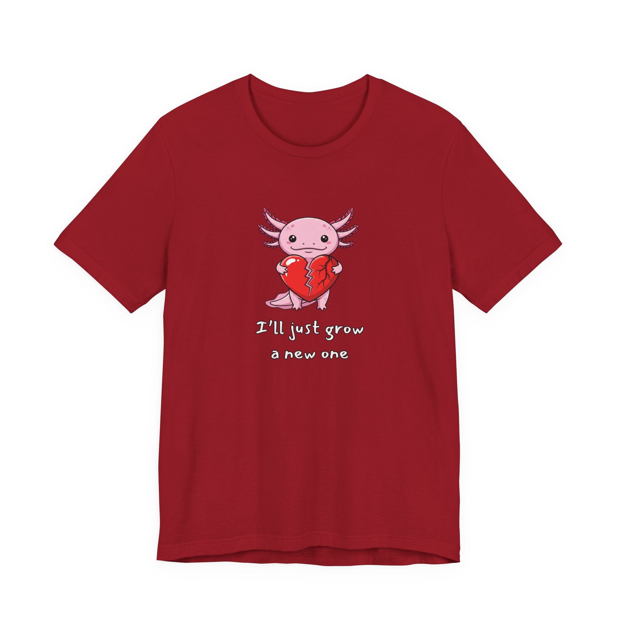 Red t-shirt with axolotl graphic with a broken heart and text "I'll just grow a new one" by Soon To Be Mythical