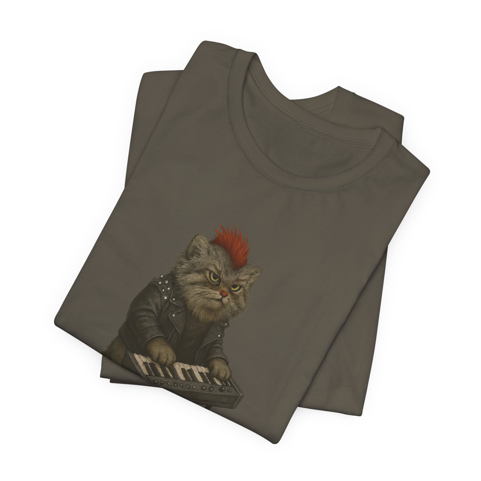 Army green t-shirt with a graphic of a pallas's cat playing keyboards on a white background