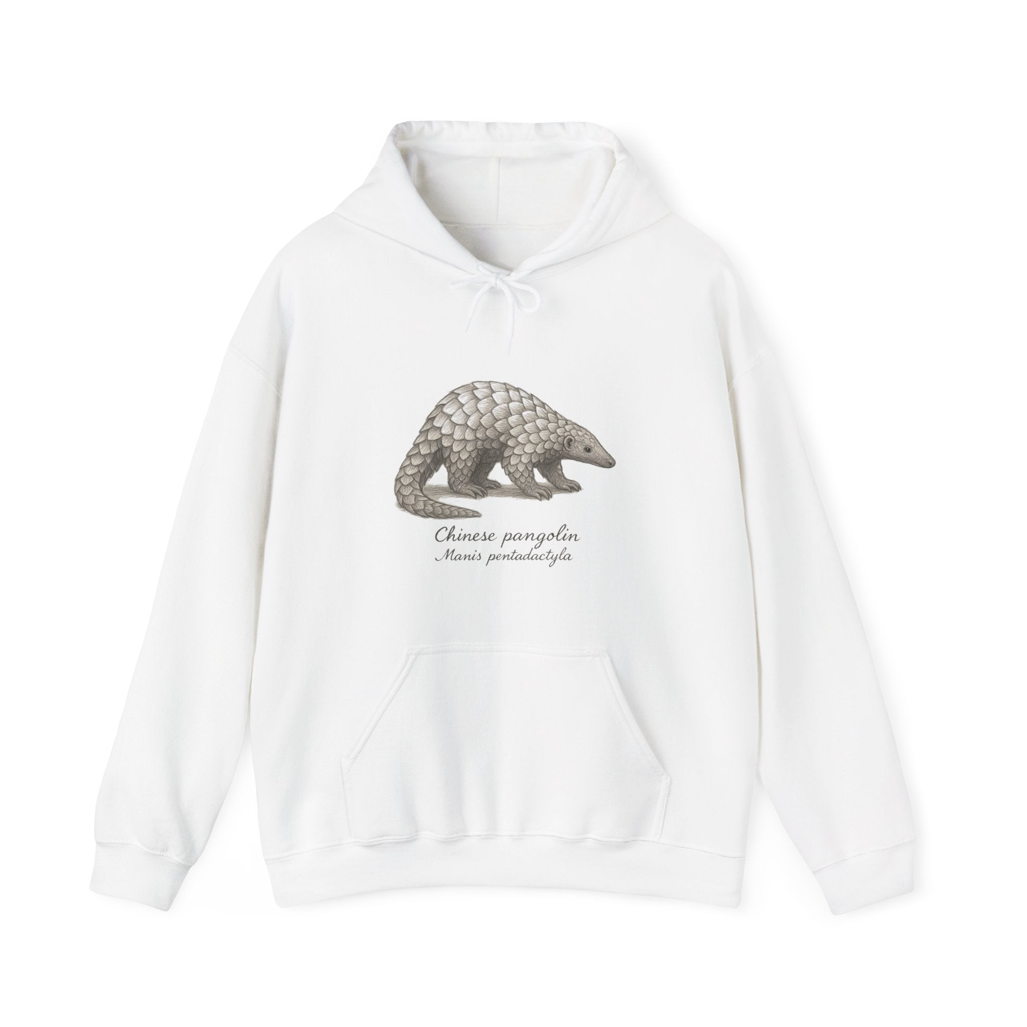 White hoodie with a pangolin graphic and scientific name on a white background by Soon To Be Mythical