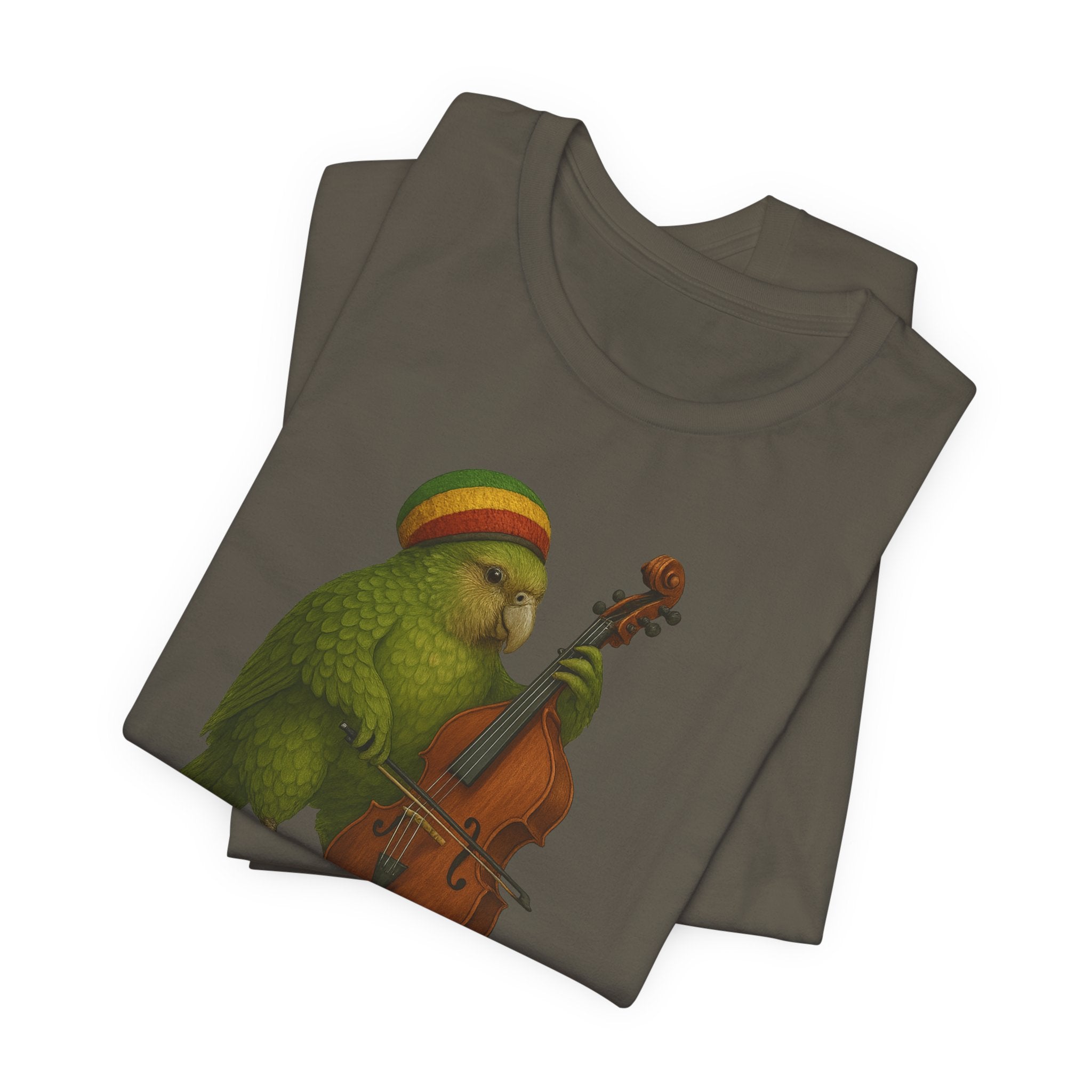 Military green t-shirt with a kakapo in a raggae hat playing an upright bass on a white background