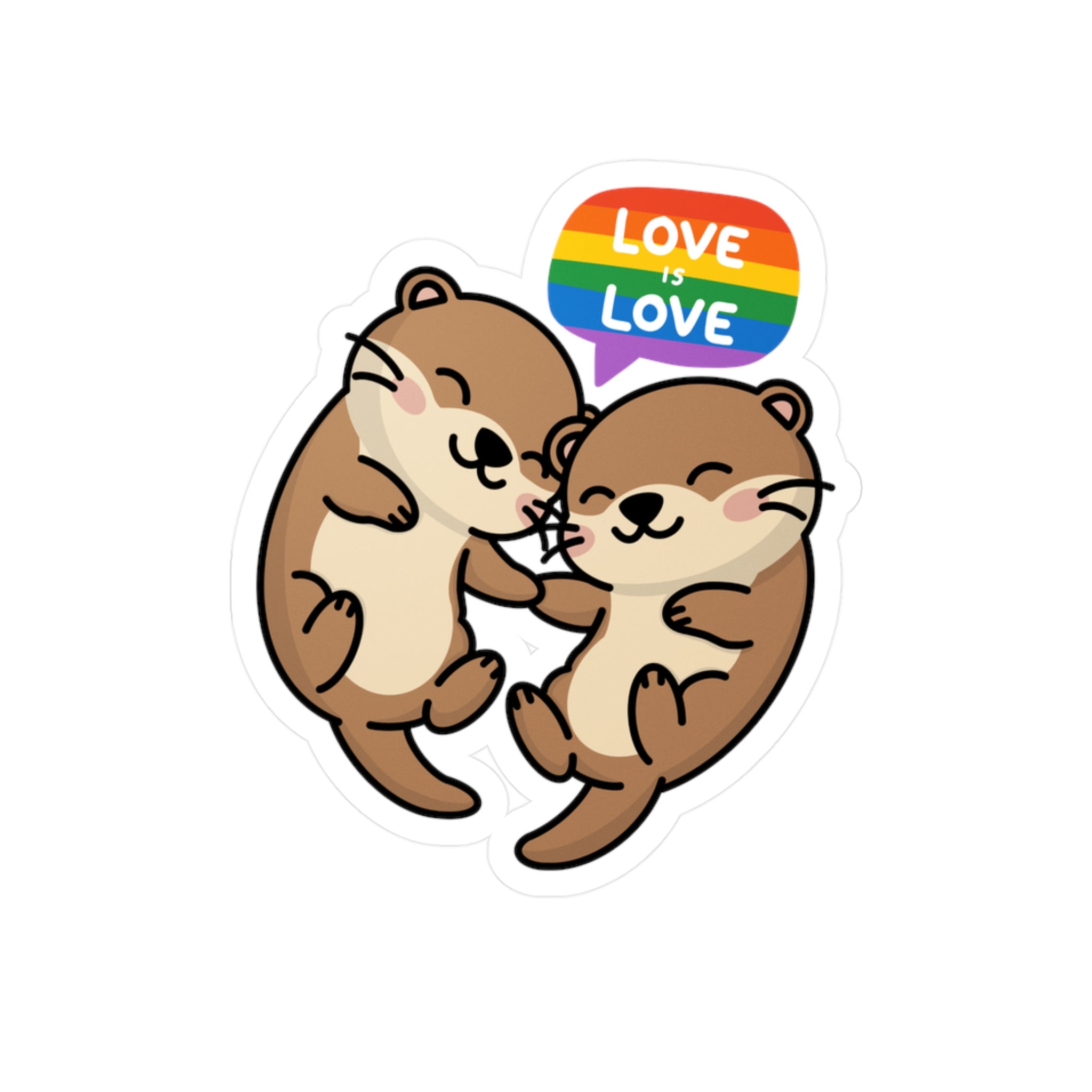 Two cartoon otters cuddling with a rainbow 'LOVE is LOVE' speech bubble by Soon To Be Mythical