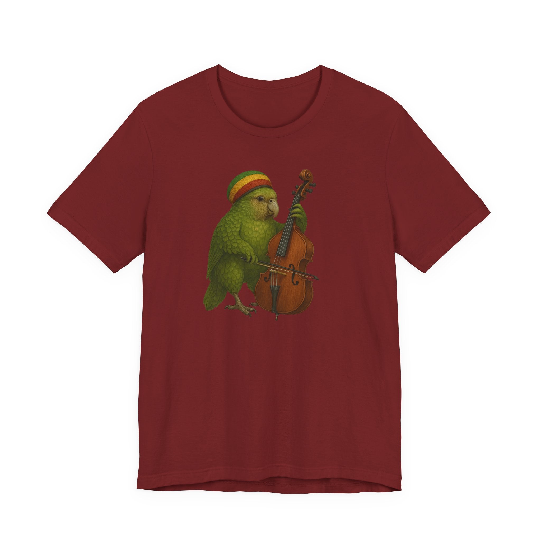 Cardinal red t-shirt with a kakapo in a raggae hat playing an upright bass on a white background
