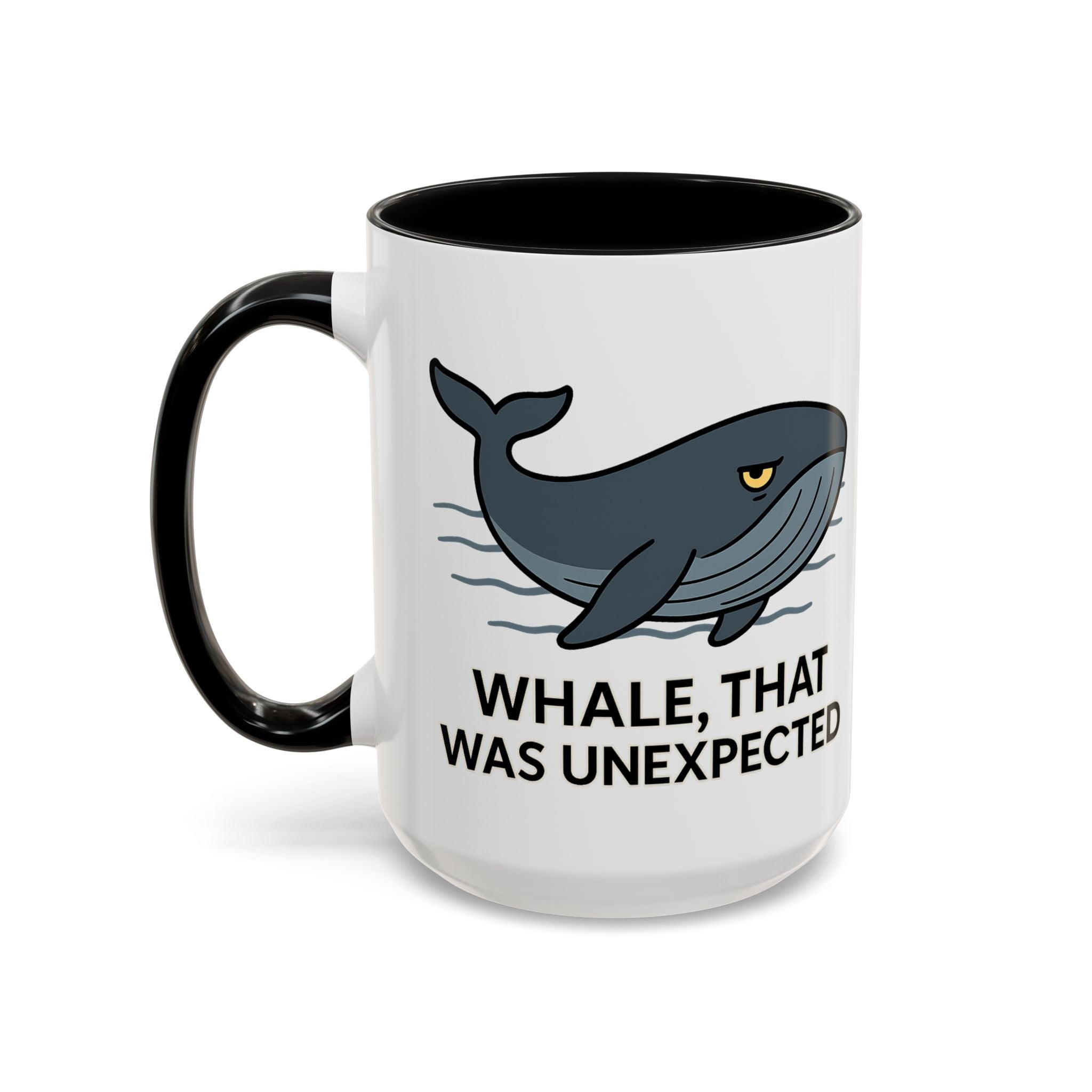 White Mug with black color accent with a blue whale design and text "Whale, that was unexpected" on a white background