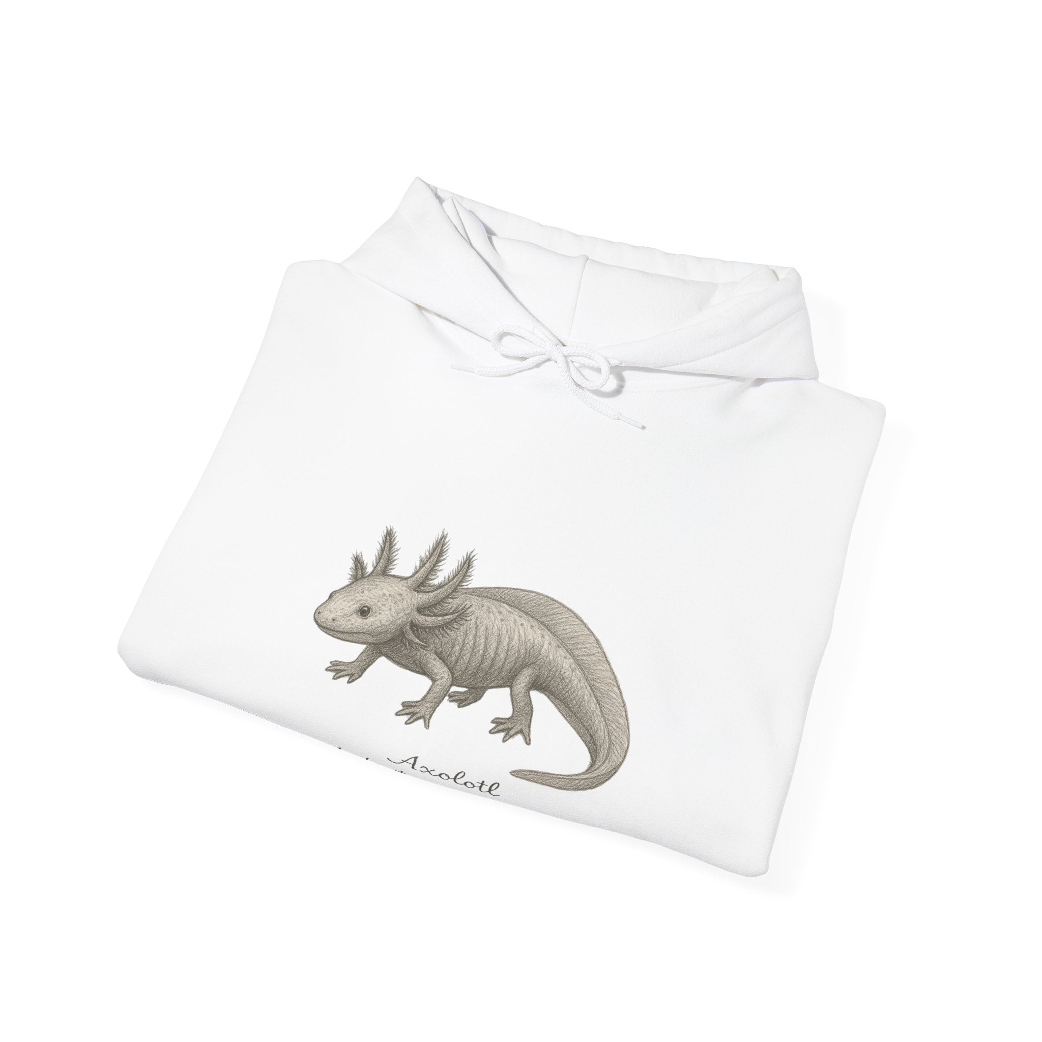 Folded white hoodie with axolotl graphic and scientific name by Soon To Be Mythical