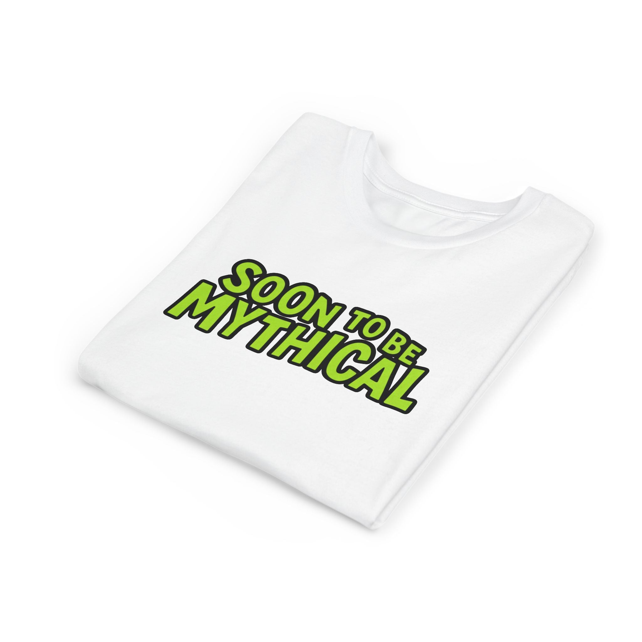 White kids t-shirt with 'Soon to be Mythical' text in green on a white background