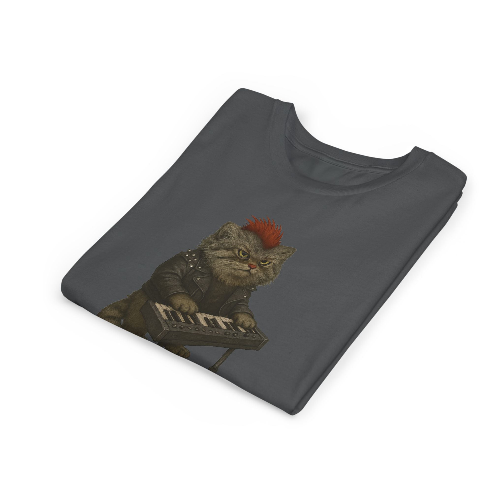 Dark gray kids t-shirt with a graphic of a pallas's cat playing keyboards on a white background