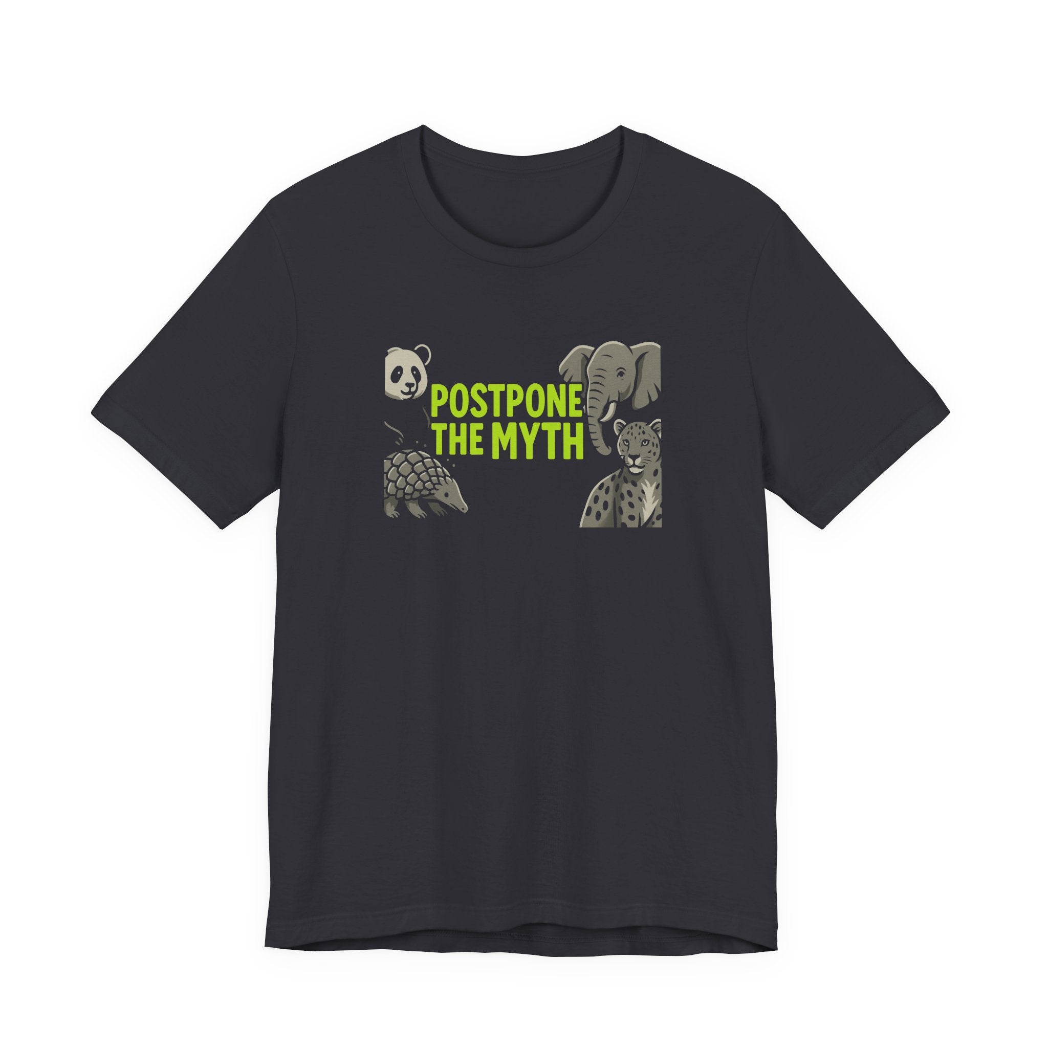 Dark grey t-shirt with endangered animal graphics and text &#39;Postpone the Myth&#39; on a white background