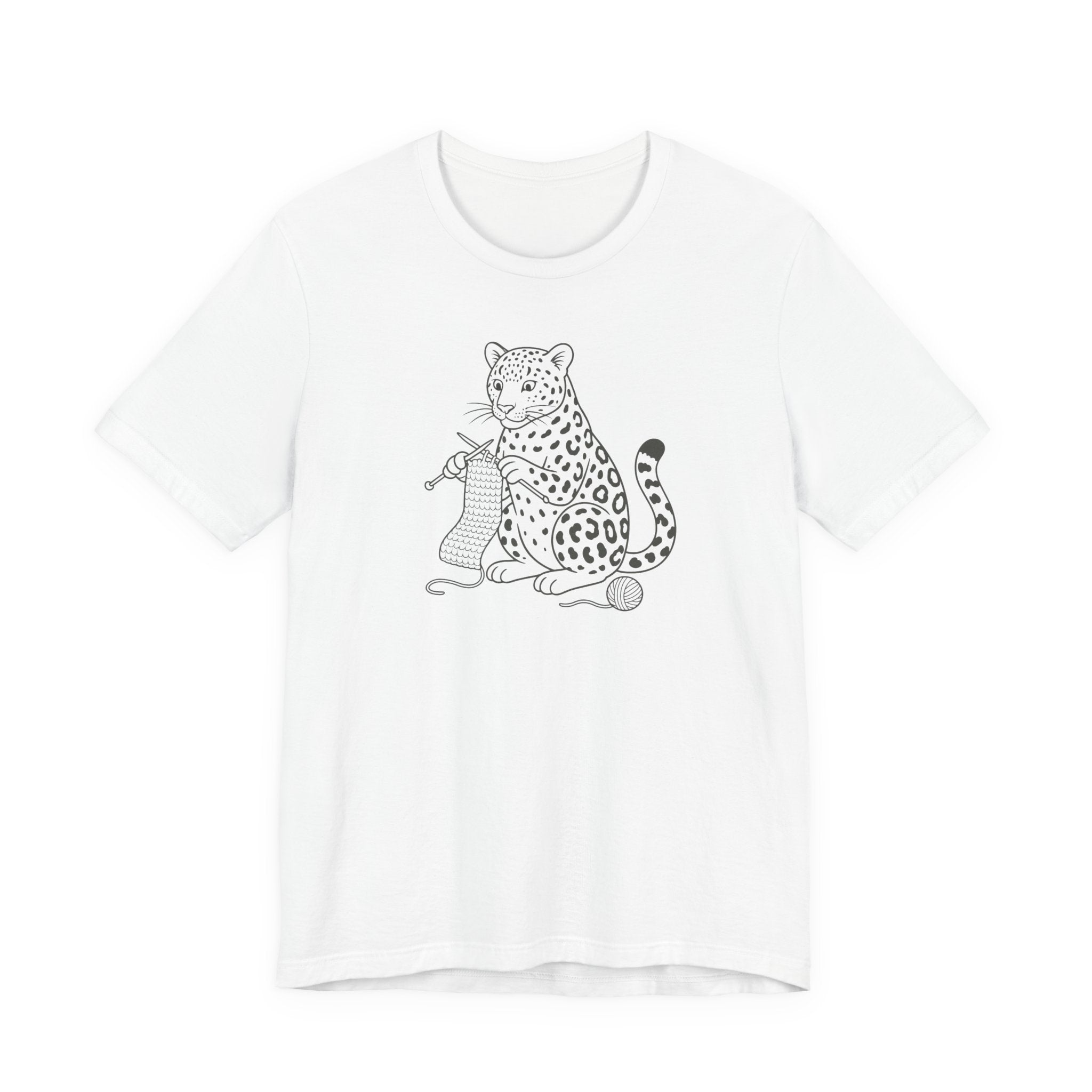White t-shirt with a black line drawing of a leopard kitting a scarf on a white background