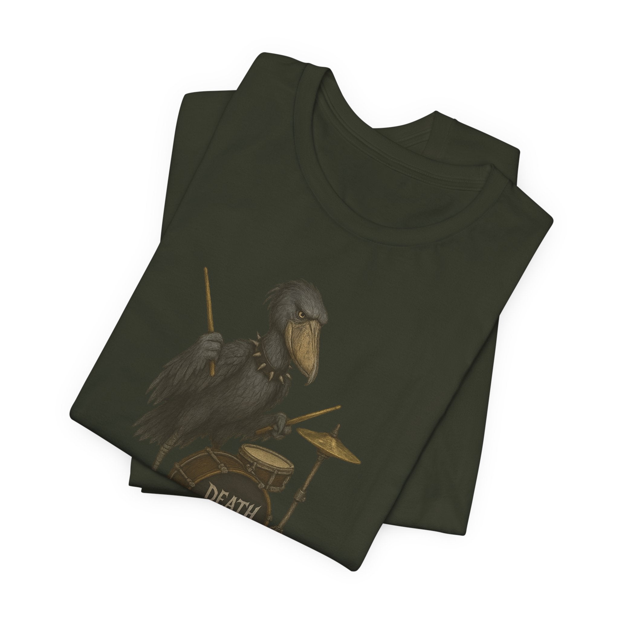 Dark green t-shirt with a shoebill stork playing drums graphic and 'Death Metal' text on a white background