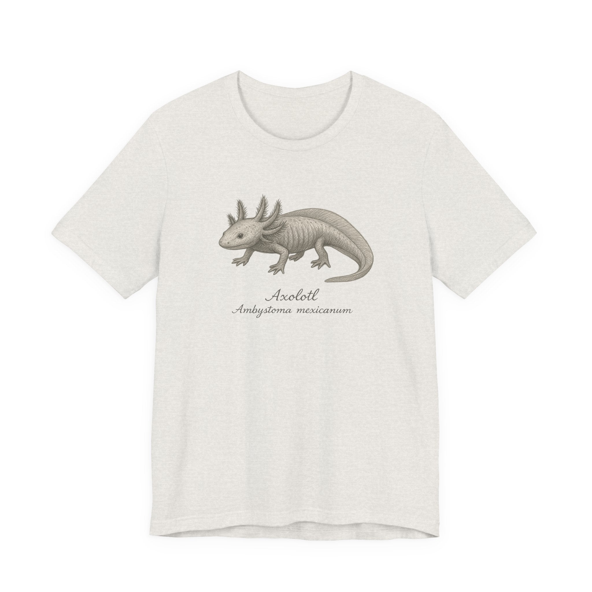 Heathered beige t-shirt with axolotl graphic and text on a white background