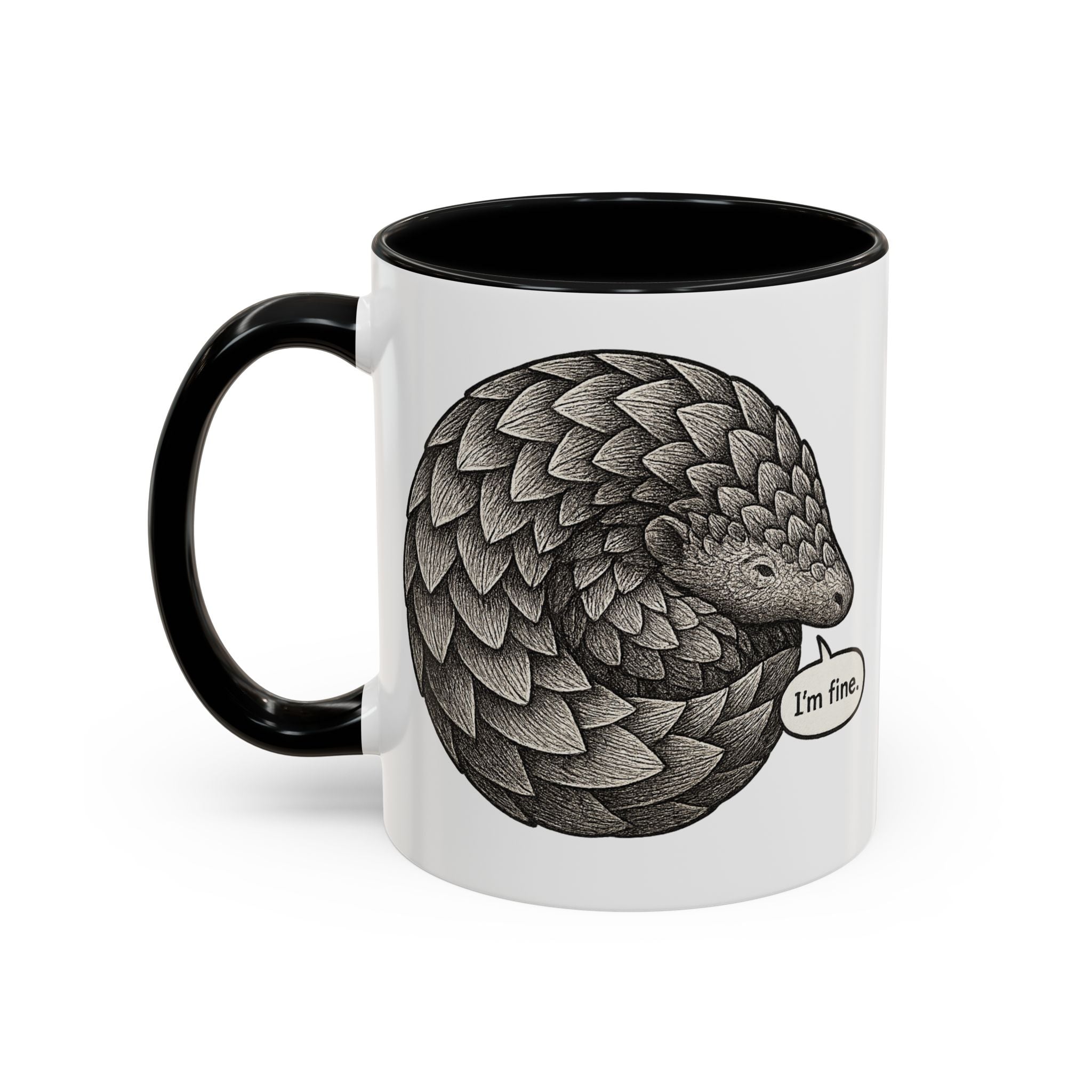 White mug with black color accented interior and handle that features the design of a pangolin graphic curled up into a ball with the text "I'm fine."