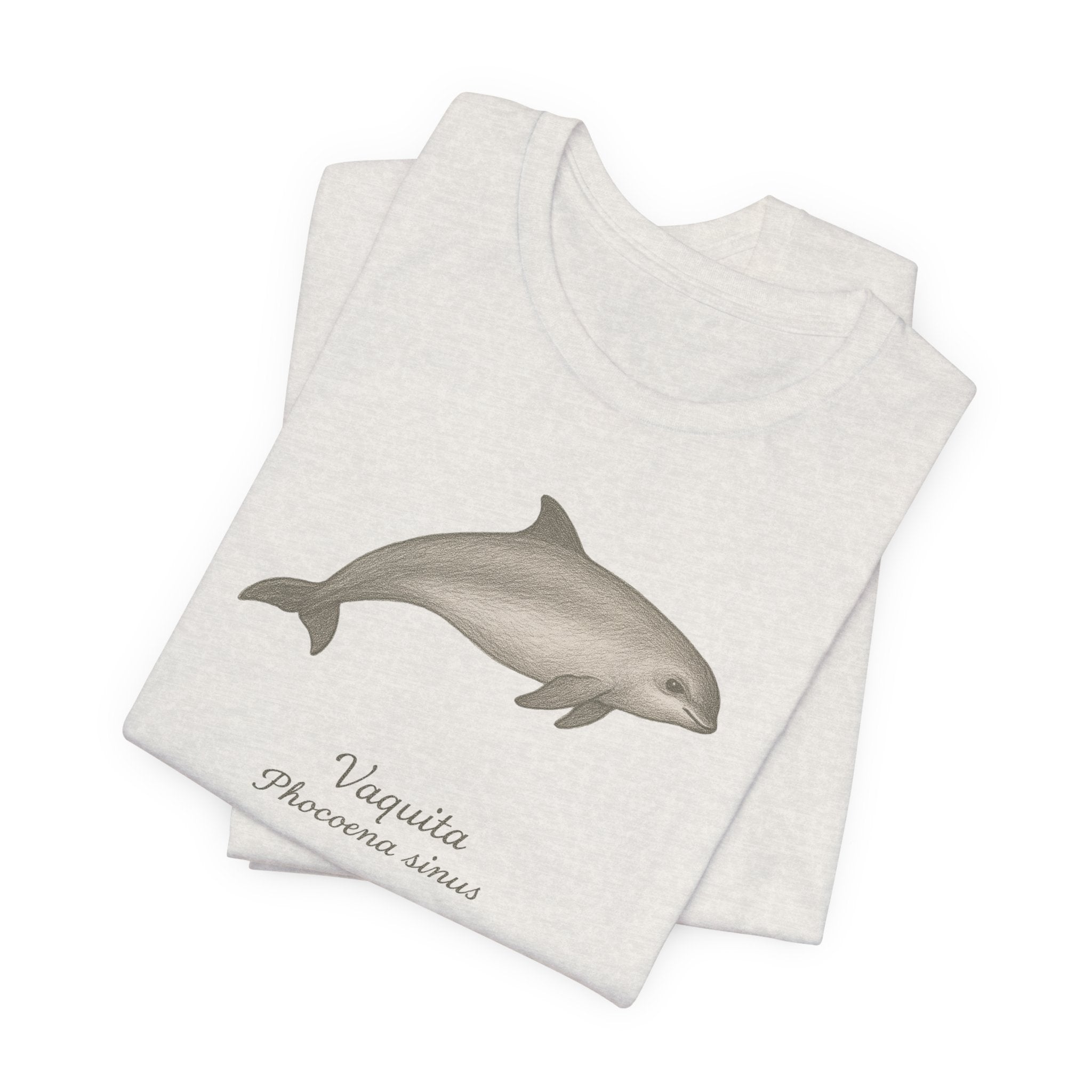 Folded heathered cement with vaquita illustration and text on a white background