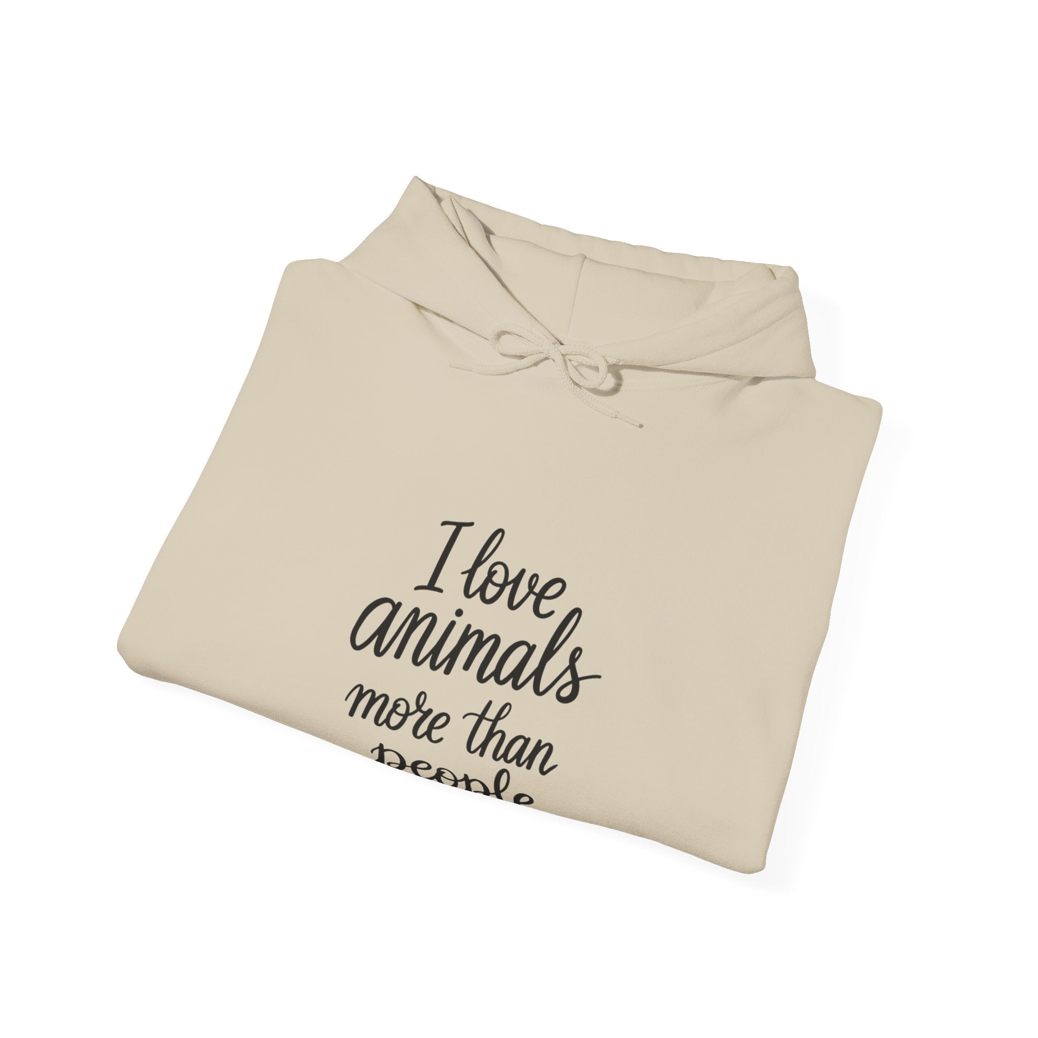 Beige hoodie with text 'I love animals more than people' by Soon To Be Mythical