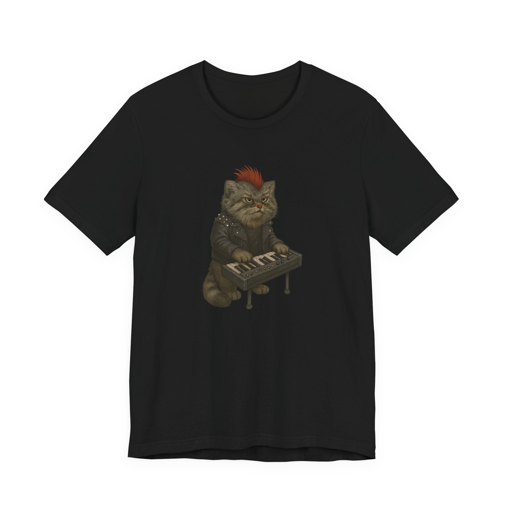 Black t-shirt with a graphic of a pallas's cat playing keyboards on a white background