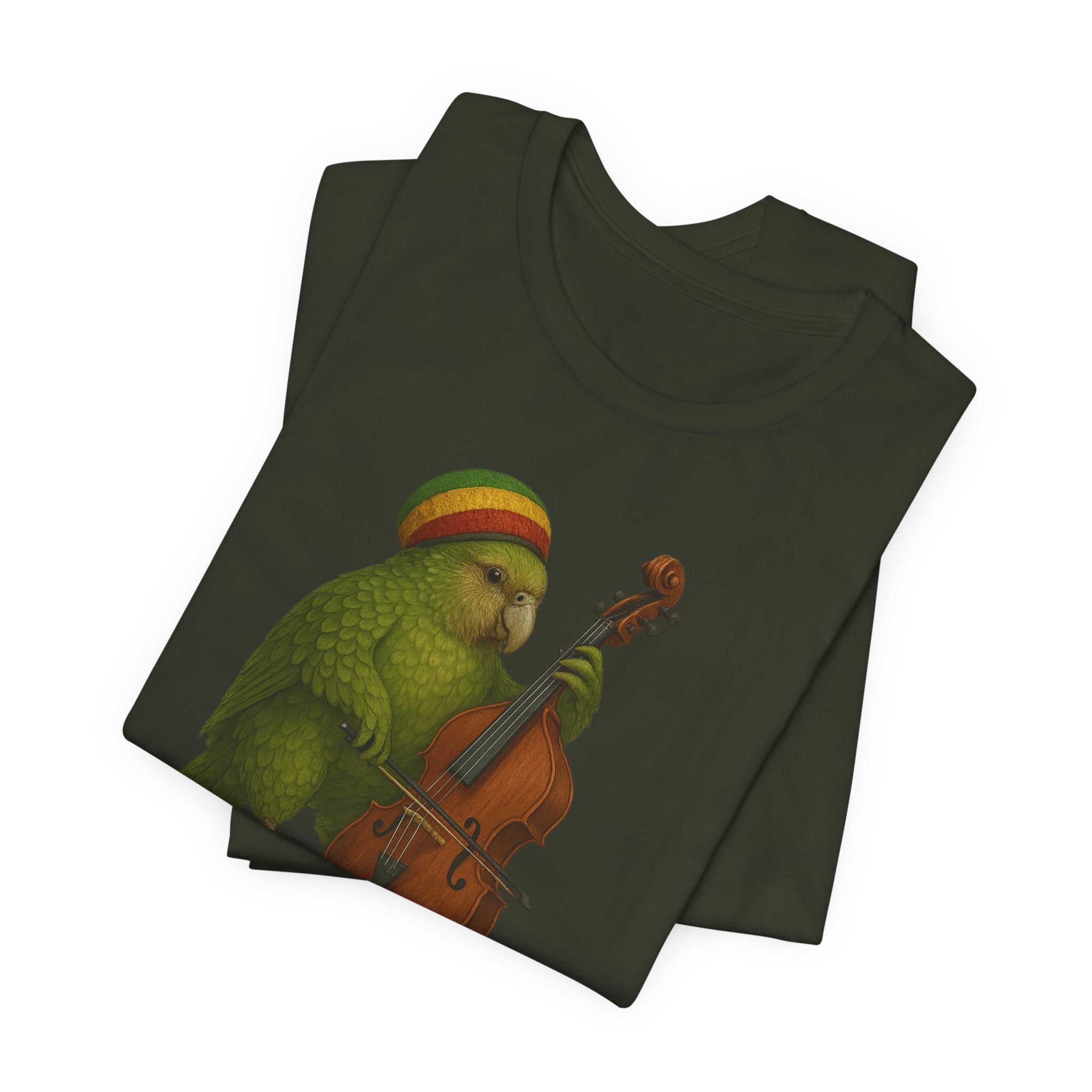 Dark olive t-shirt with a kakapo in a raggae hat playing an upright bass on a white background