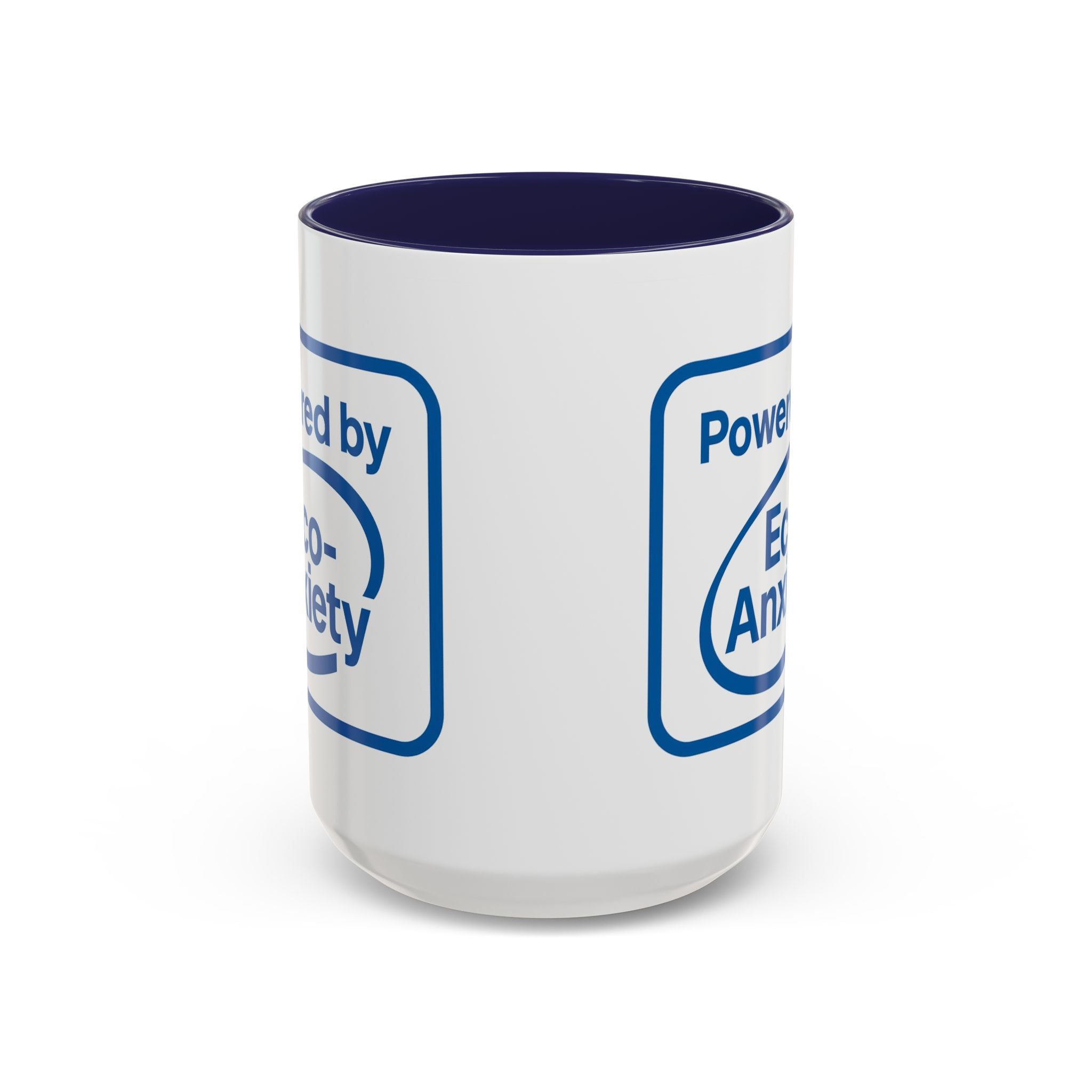 White coffee mug with navy blue accent interior and handle with a graphic that says &quot;Powered by Eco-anxiety&quot;