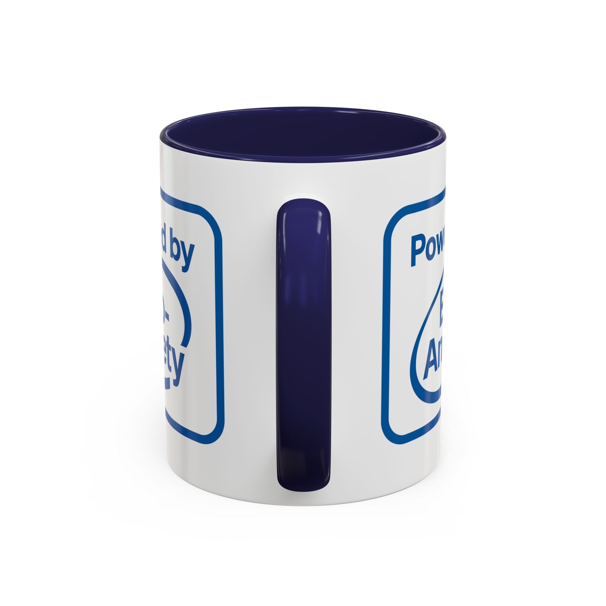 White coffee mug with navy blue accent interior and handle with a graphic that says "Powered by Eco-anxiety"