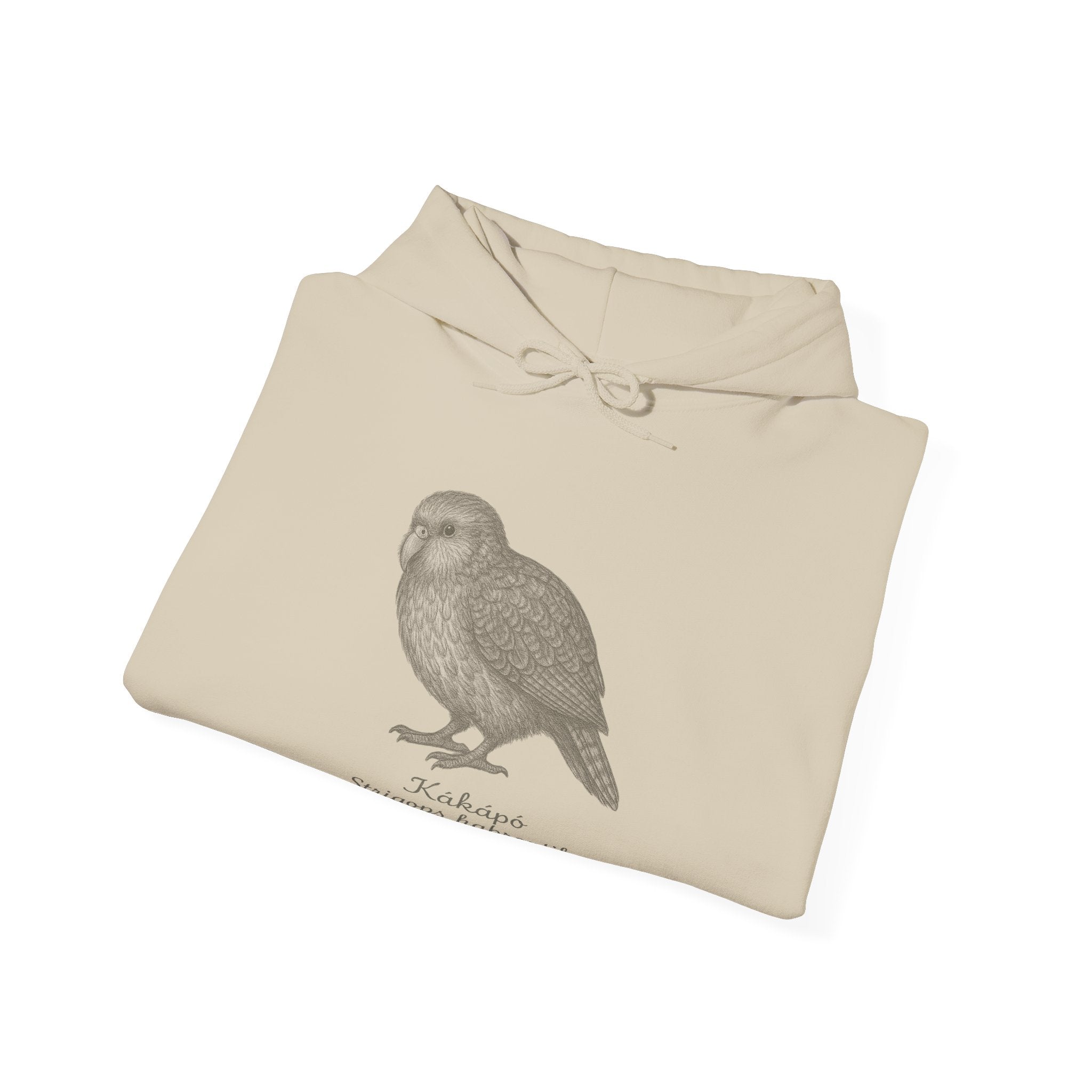 Folded beige hoodie with a kakapo graphic and scientific name by Soon To Be Mythical