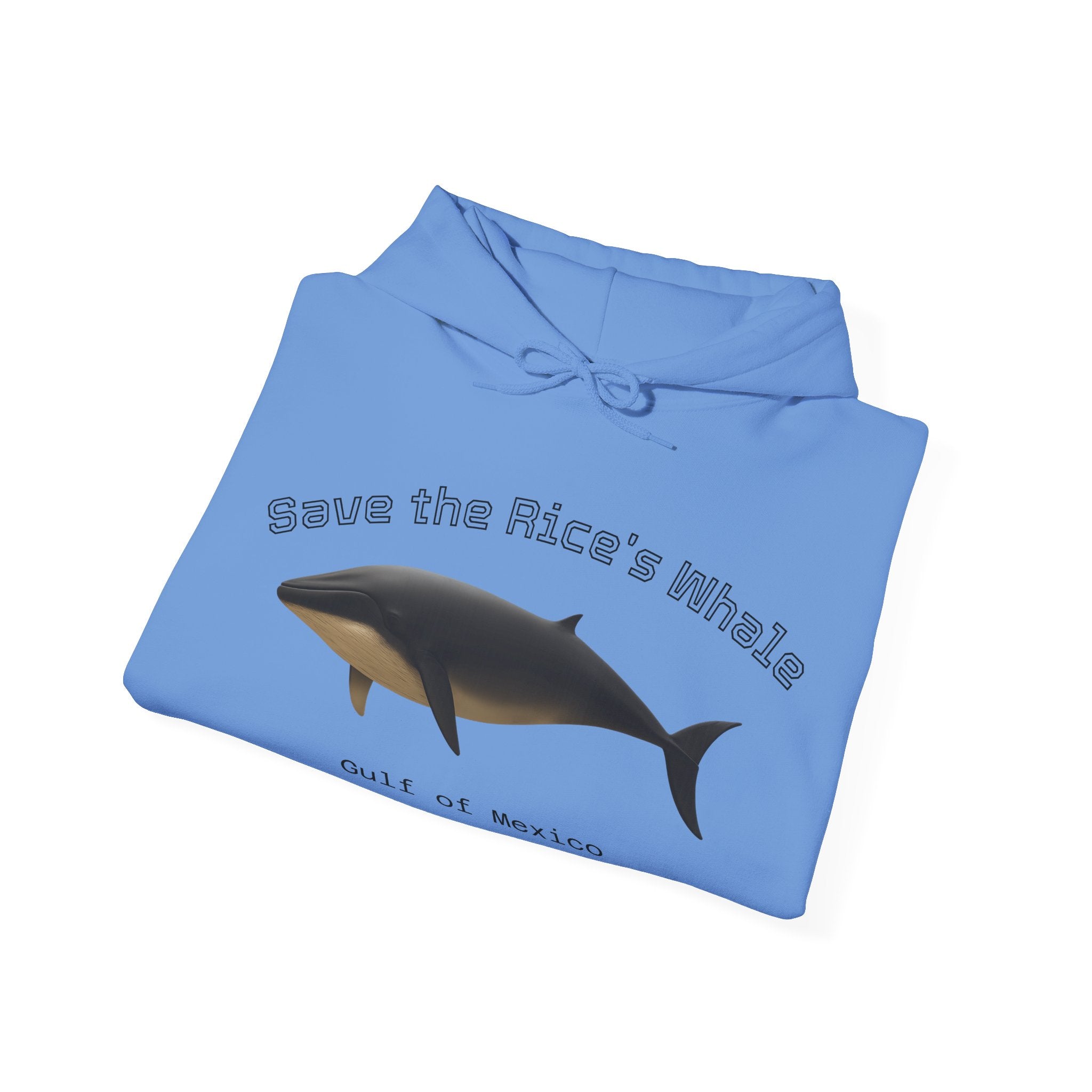 Folded blue hoodie with a Rice's whale graphic and text "Save the Rice's Whale: Gulf of Mexico" by Soon To Be Mythical