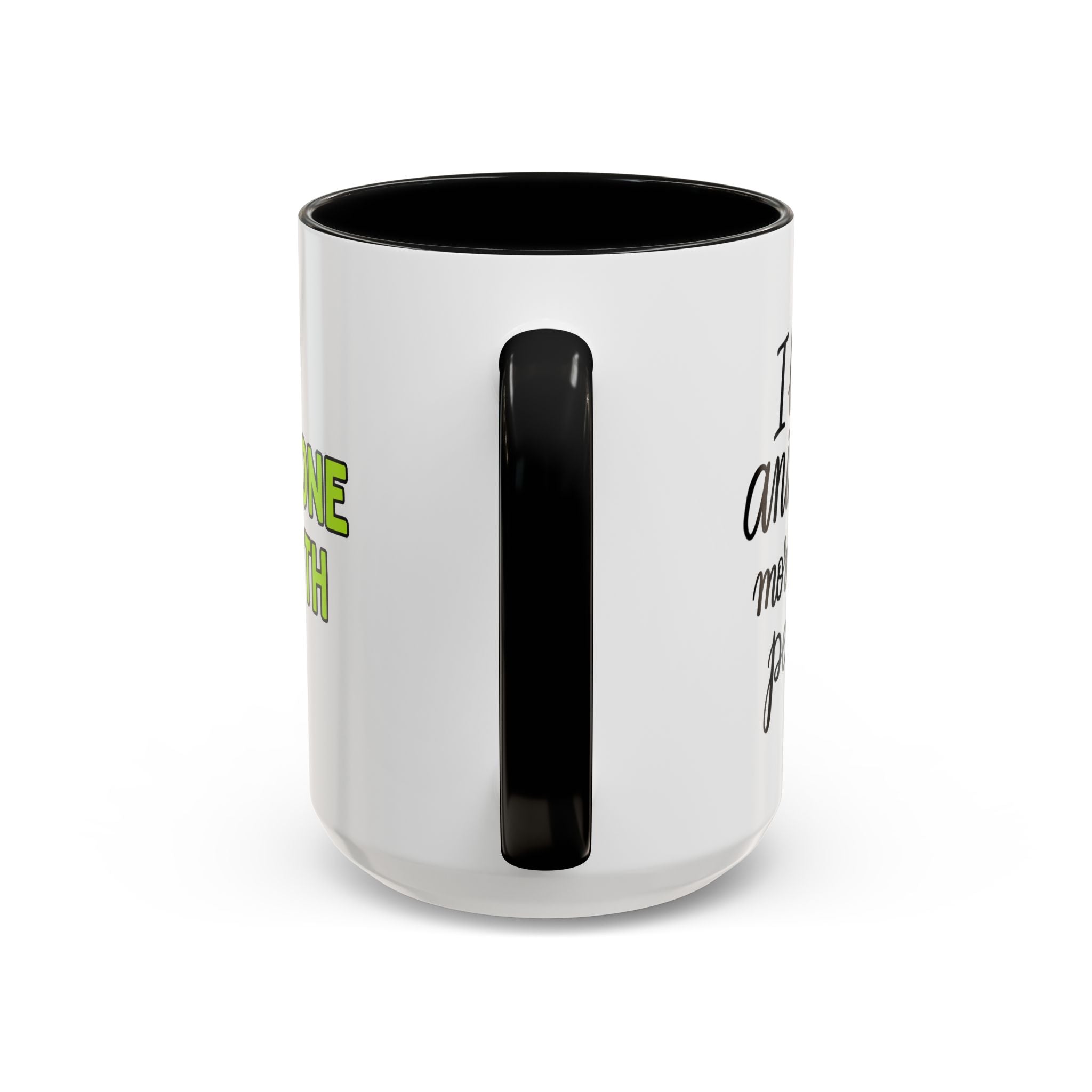 White mug with black interior and handle, featuring the text 'I love animals more than people' on one side and "Postpone the myth" on the other side on a white background.