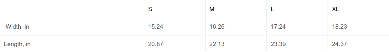 Size chart with measurements for S, M, L, and XL in both width and length.