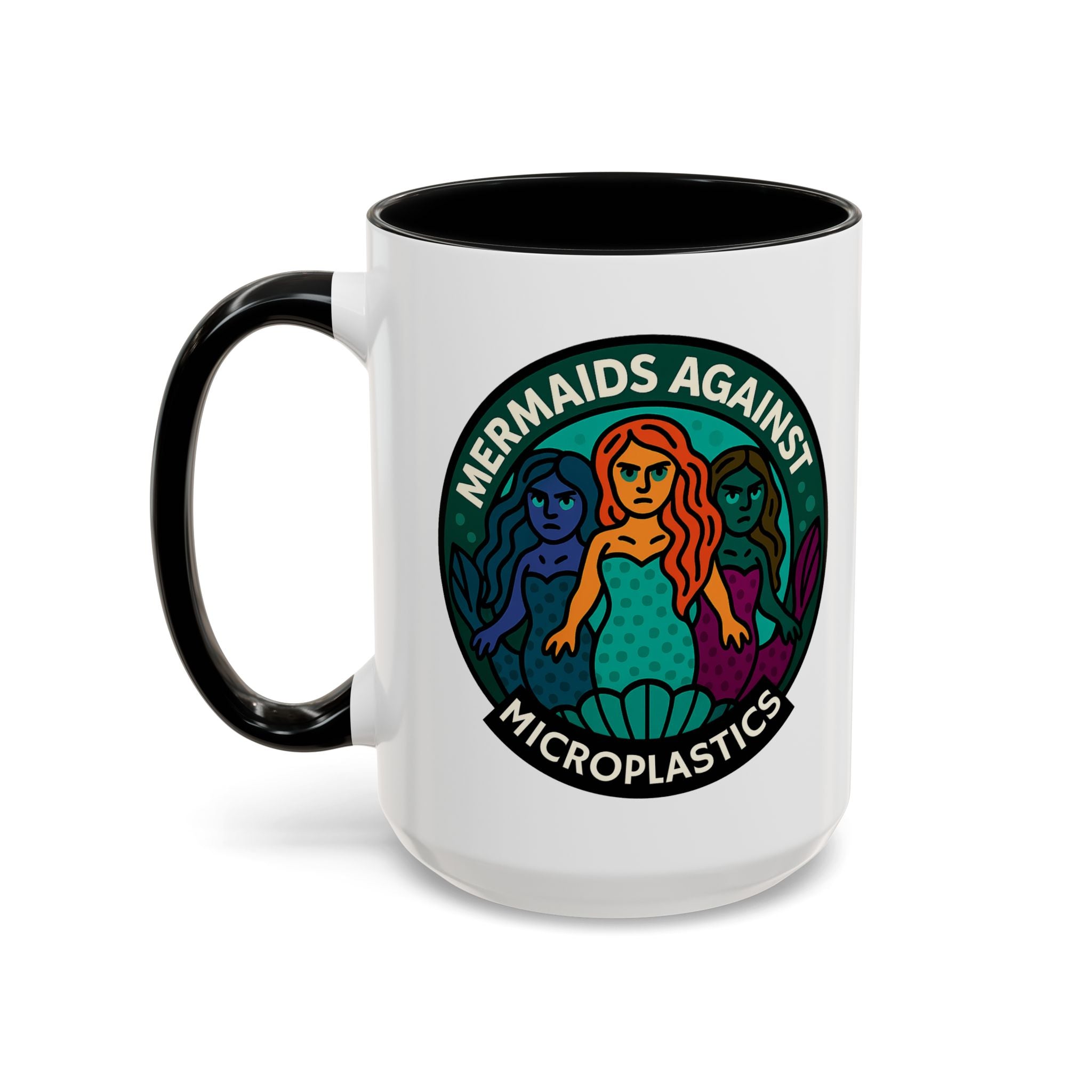 White mug with mermaid design and 'Mermaids Against Microplastics' text with black handle and interior by Soon To Be Mythical